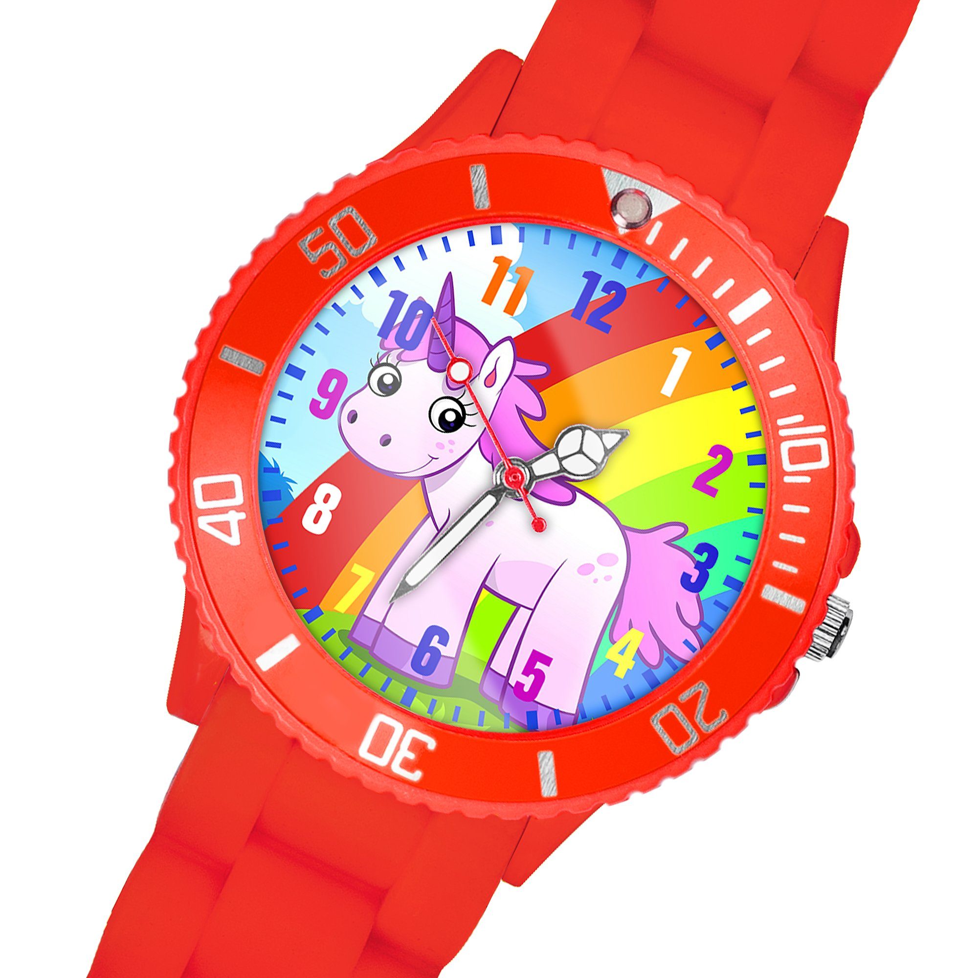 Taffstyle Quarzuhr Kinder Armbanduhr Silikon Einhorn Analog Uhr Bunt, Mädchen Sportuhr Bunte Kinderuhr Lernuhr Regenbogen Silikonuhr