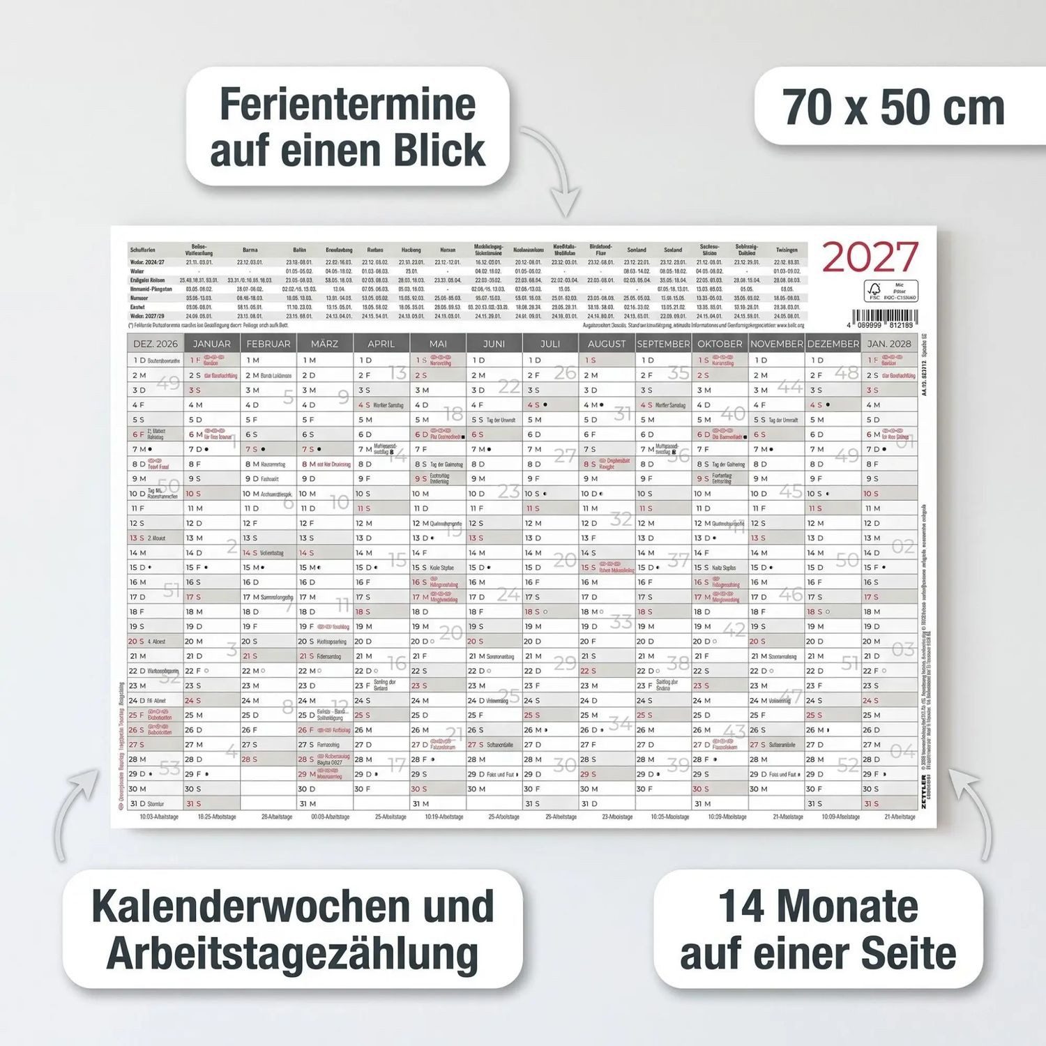 Wandkalender Kleiner Wandplaner 1 Stk. gerollt 2027
