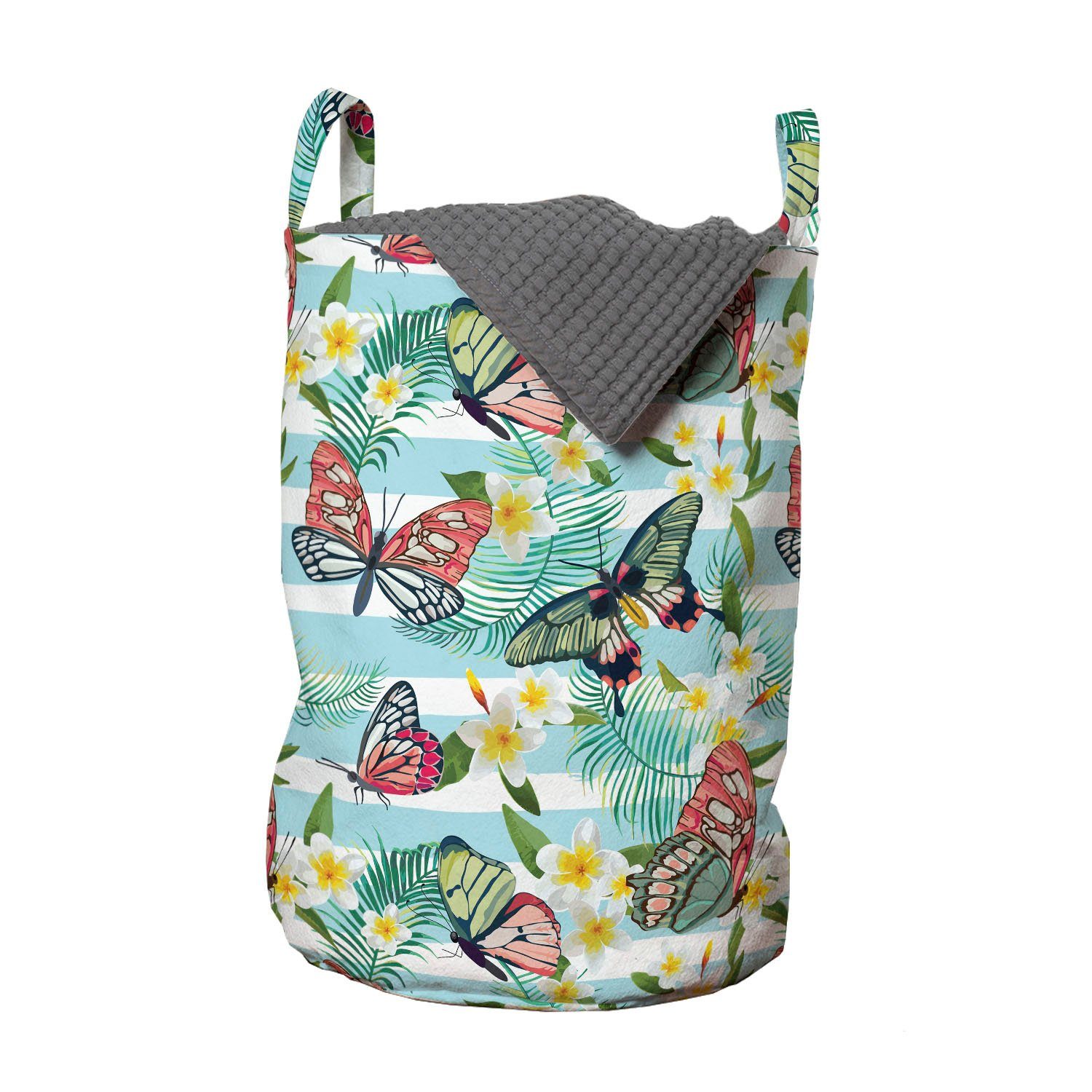 Abakuhaus Wäschesäckchen Wäschekorb mit Griffen Kordelzugverschluss für Waschsalons, Botanisch Exotische Sommer Schmetterling