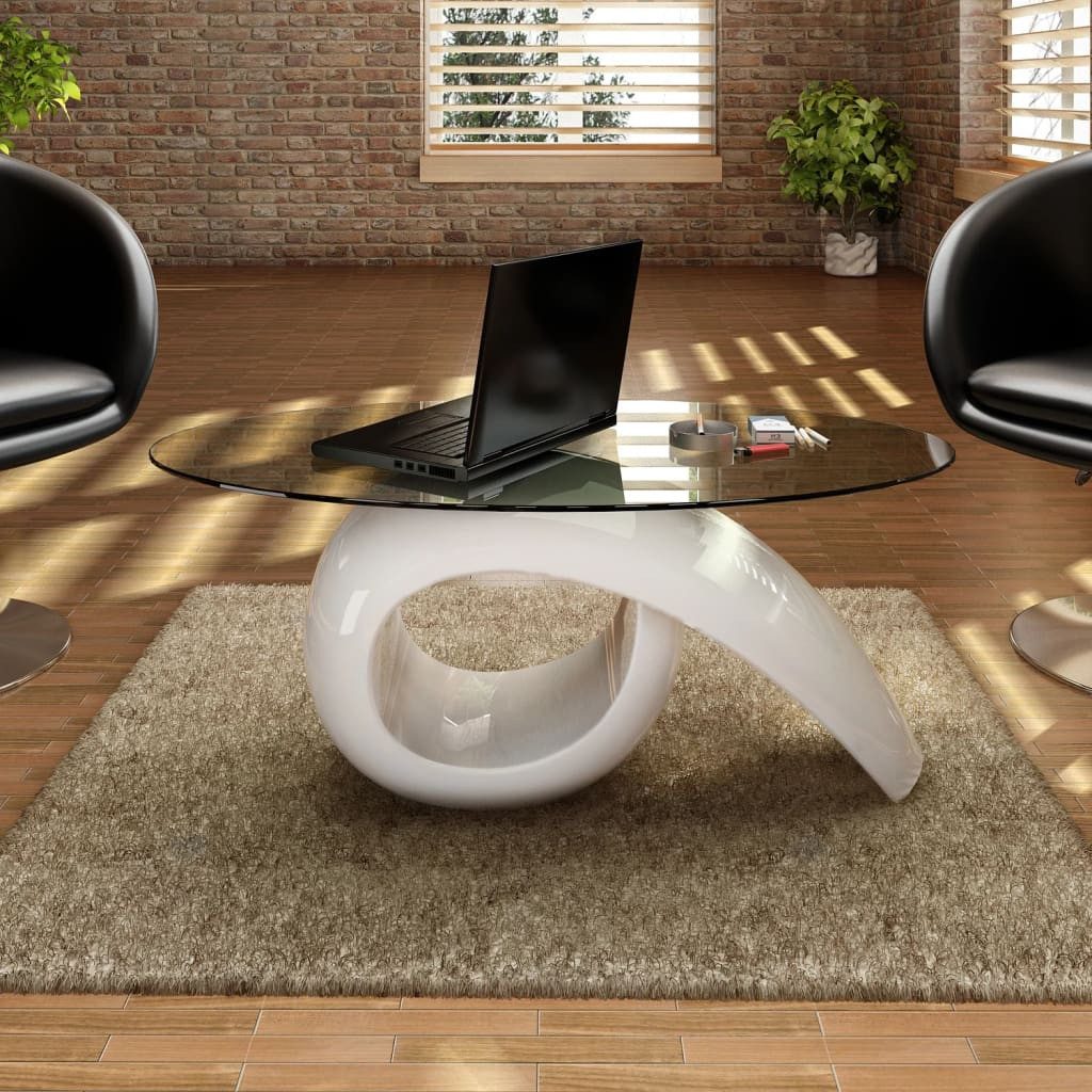 furnicato Couchtisch mit Ovaler Glasplatte Hochglanz Weiß (1-St), Wohnzimmertisch mit Ablage für Zeitschriften und gehärtetem Glas