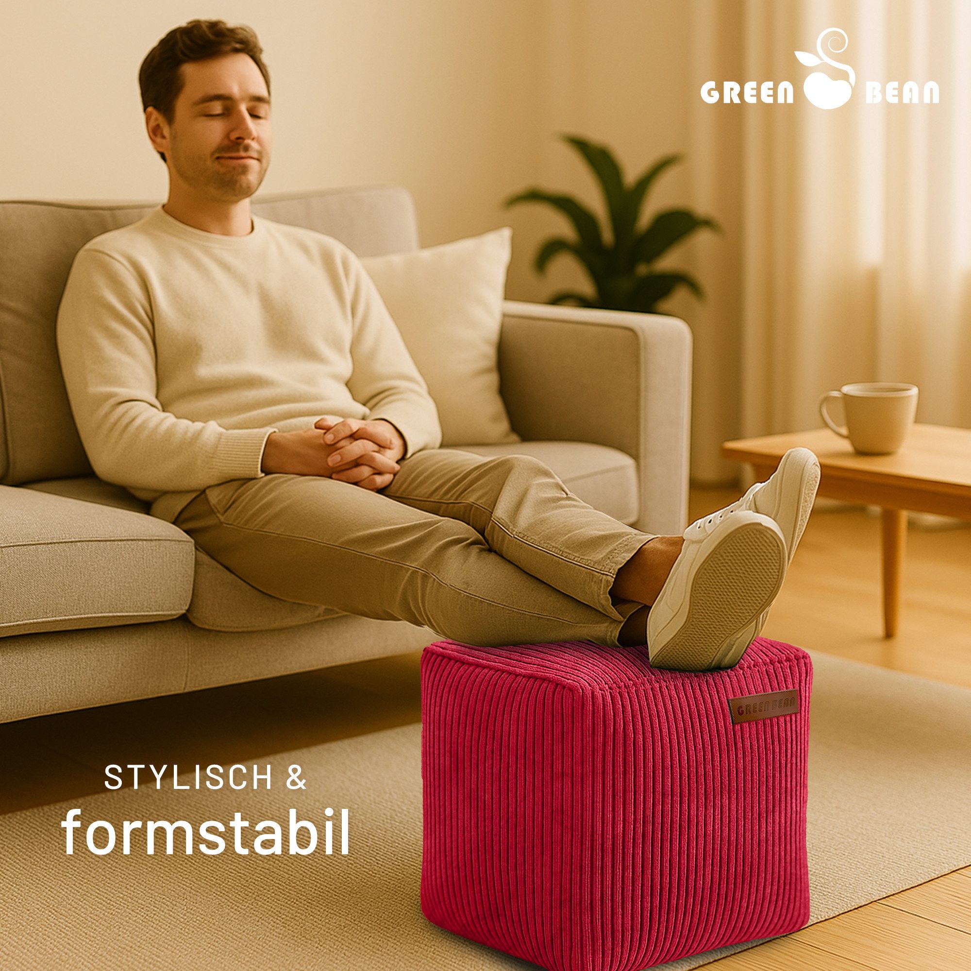 Green Bean Pouf Cube Cord (Indoor Sitzhocker Sitzkissen Fußhocker Relax-Sessel, Made in Germany), die ideale Ergänzung zum Sitzsack