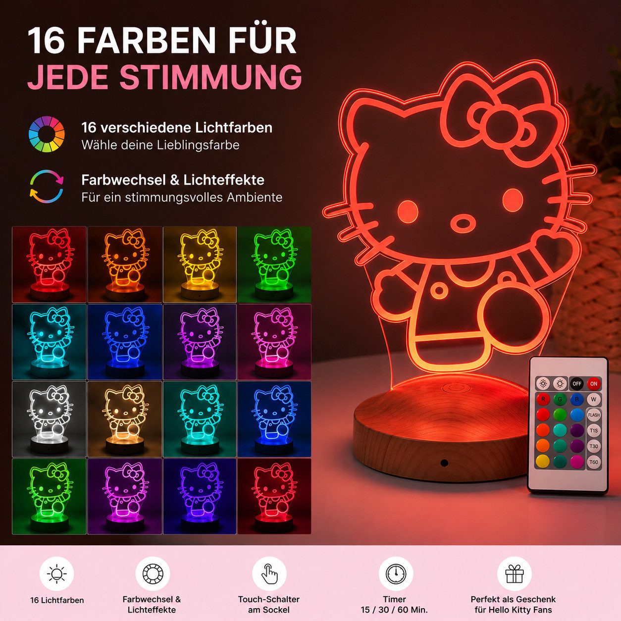Geschenkelampe LED Nachttischlampe Süße Kitty 3D Nachtlampe Geschenk für Mädchen Kinderzimmer Deko, Schlummerlicht, Mit Fernbedienung & 16 Farben – Bild 3 von 5