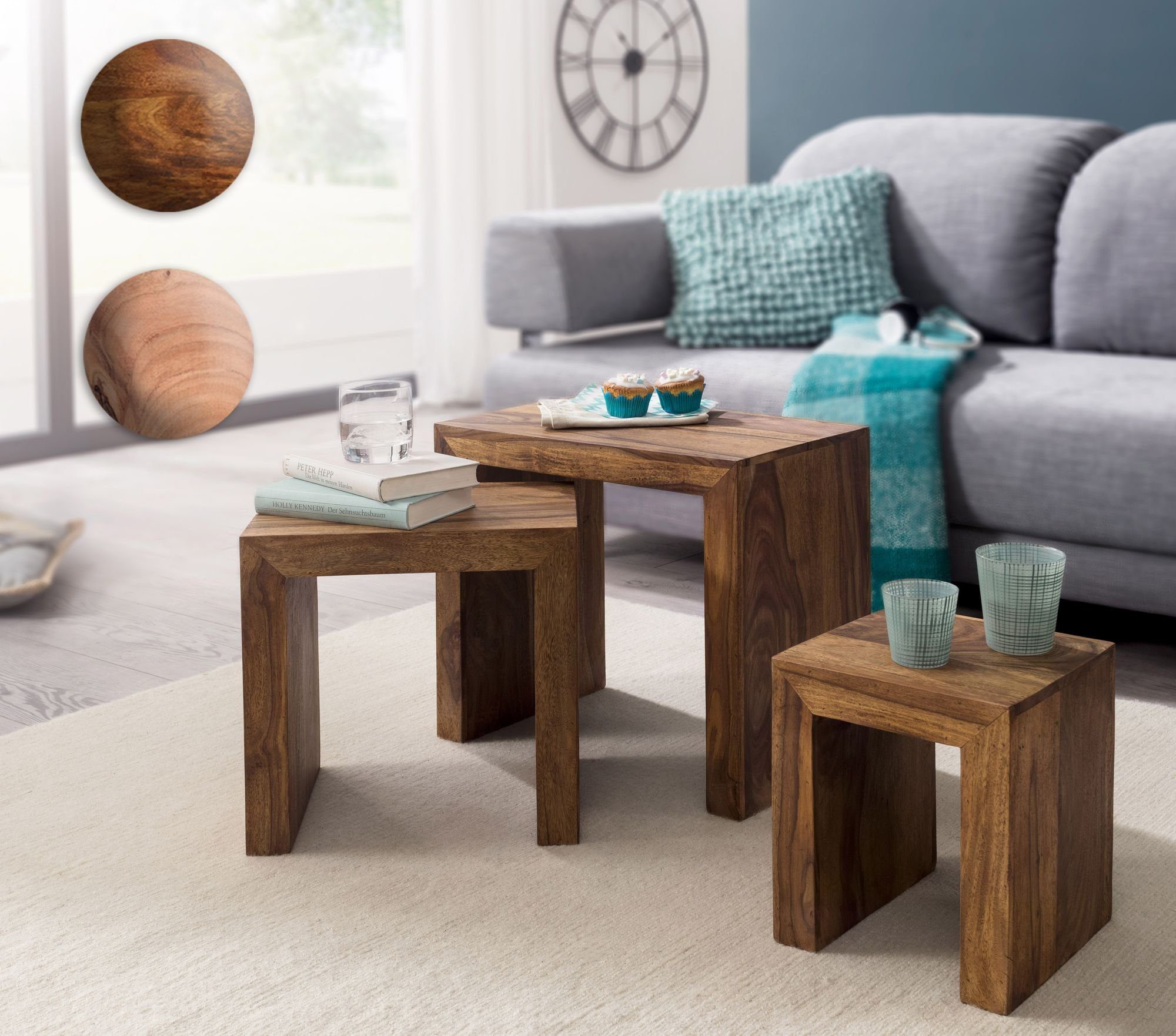 Sheesham Satztisch Sofatisch Modern), 3er Massivholz Couchtisch (Beistelltisch Wohnzimmertisch, SuVa1164_1 FINEBUY Kleiner Set