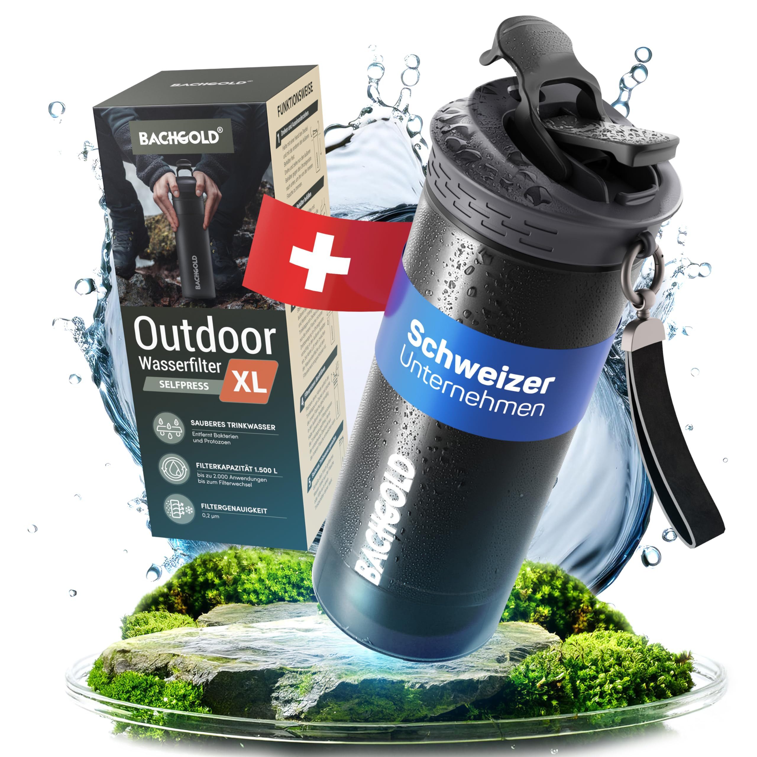 BACHGOLD Trinkflasche Profi Outdoor Wasserfilter Flasche mit 1500L Filterkapazität, Entfernt 99,99 % Bakterien & filtert Viren, Partikel & Schwermetalle