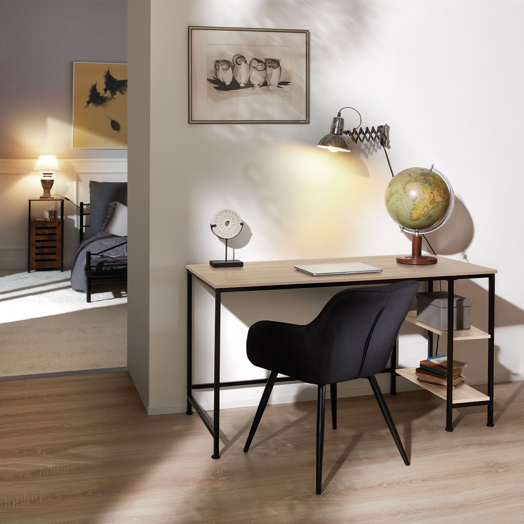 tectake Schreibtisch Arbeitstisch mit höhenverstellbaren Kunststofffüßen, 140 x 60 x (Computertisch Donegal, 1-St., in Industrial Holz hell, Eiche Sonoma), Seitenregal mit 2 Ablagefächern rechts oder links