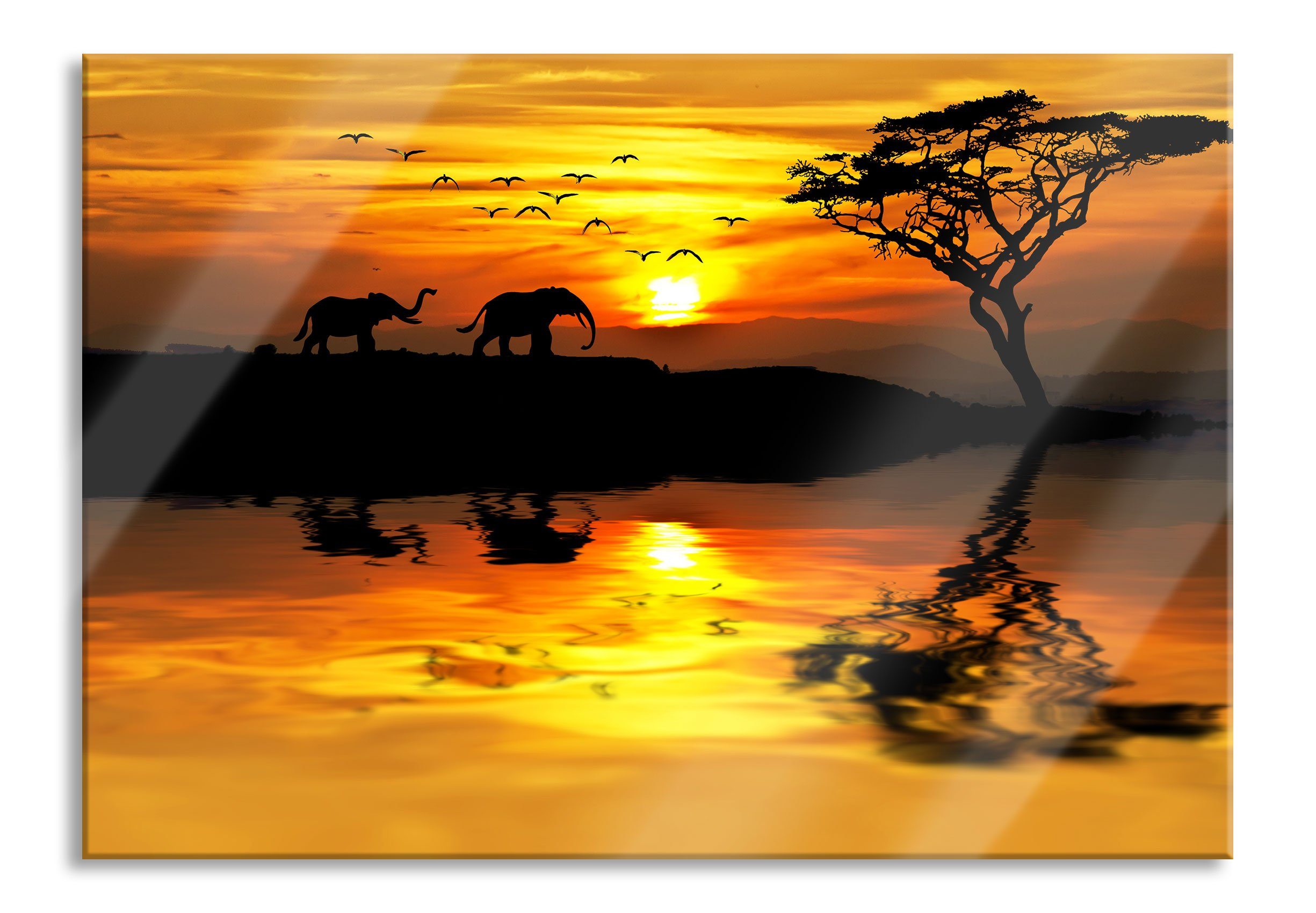 Pixxprint Glasbild Elefanten in Afrikanischer Steppe, Elefanten in Afrikanischer Steppe (1 St), Glasbild aus Echtglas, inkl. Aufhängungen und Abstandshalter