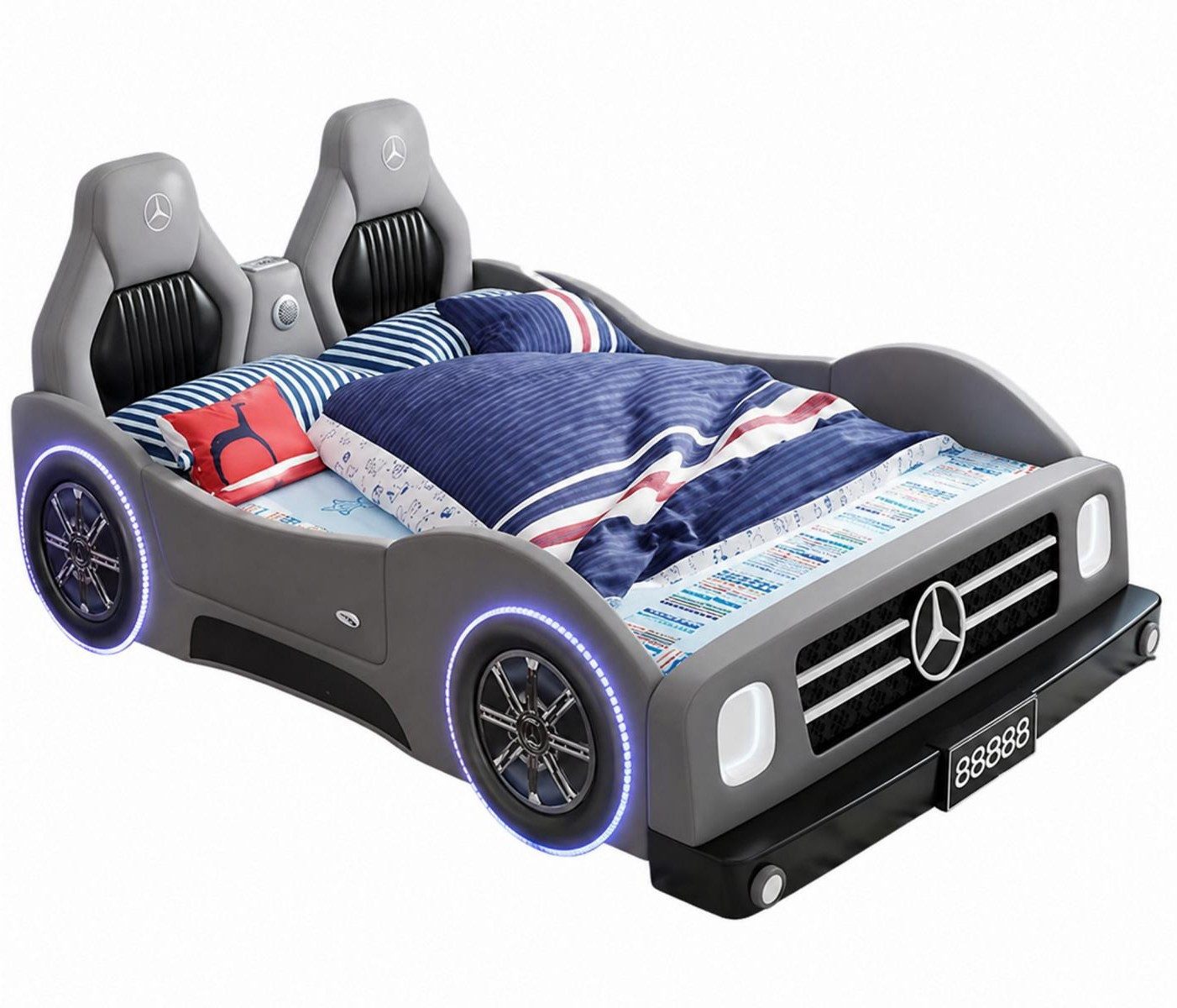 Xlmoebel Autobett Graues Autobett für Jungen mit Bluetooth und LED-Beleuchtung, Made in Europa