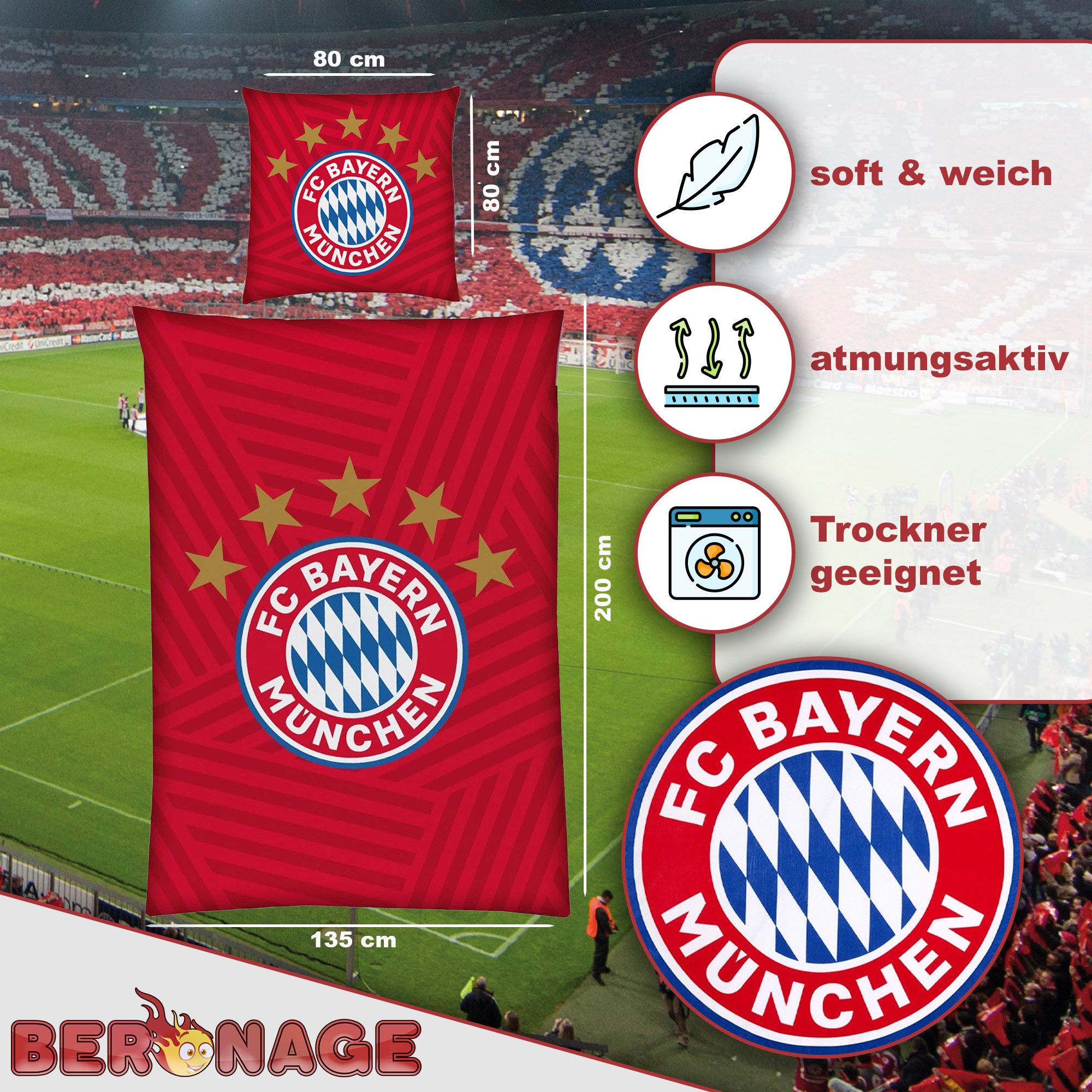 BERONAGE Wendebettwäsche FC Bayern München Bettwäsche " 5 Sterne Rot " Linon / Renforcé, Baumwolle, 2 teilig, 135x200 + 80x80 cm