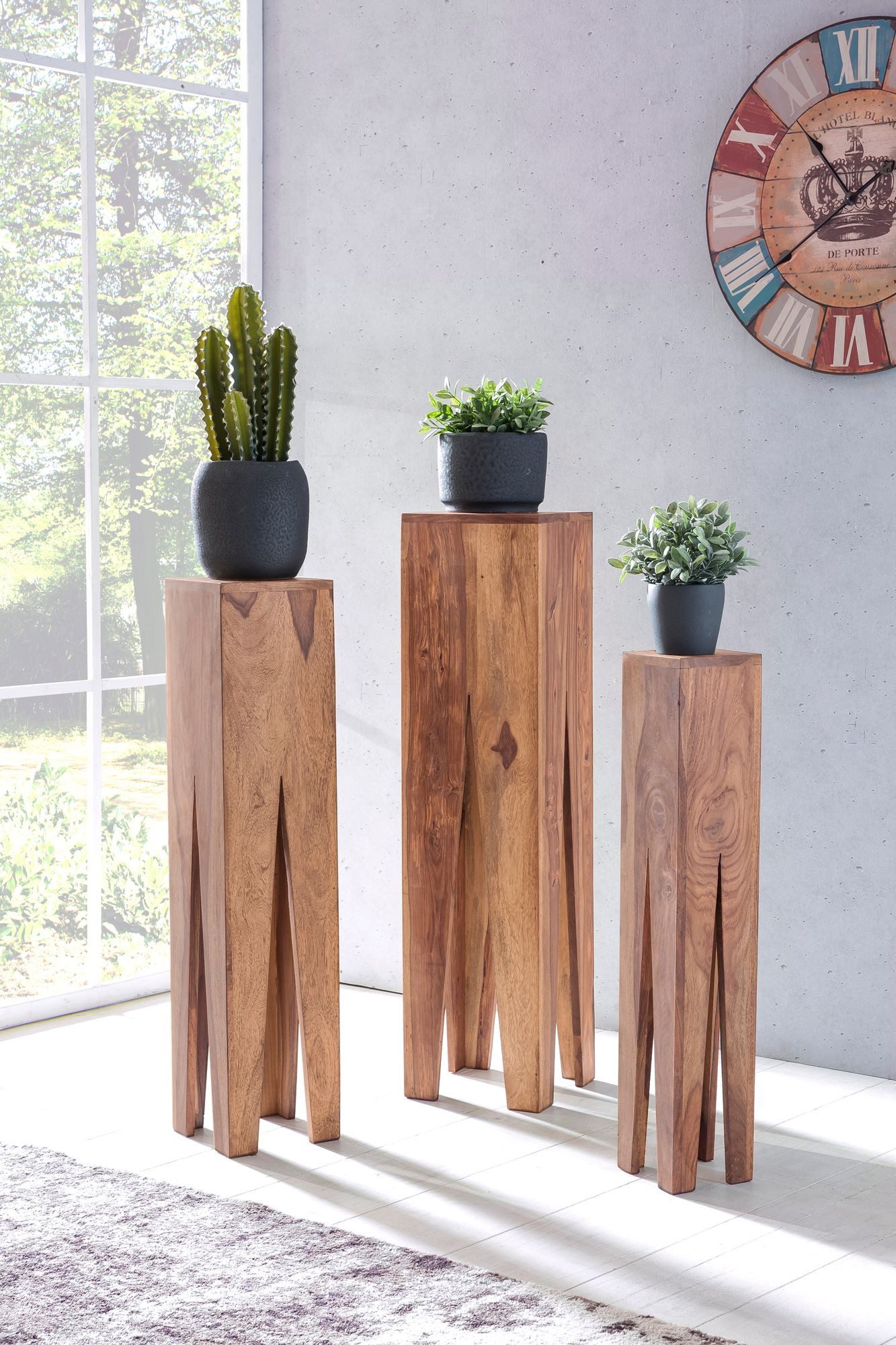 Wohnling Beistelltisch Akazie Massivholz Blumentisch 3er Set Satztisch Säulentisch Dekosäule (Beistelltisch 3er Set Akazie Massivholz Modern), Dekosäule Quadratisch Pflanzentisch Blumentisch
