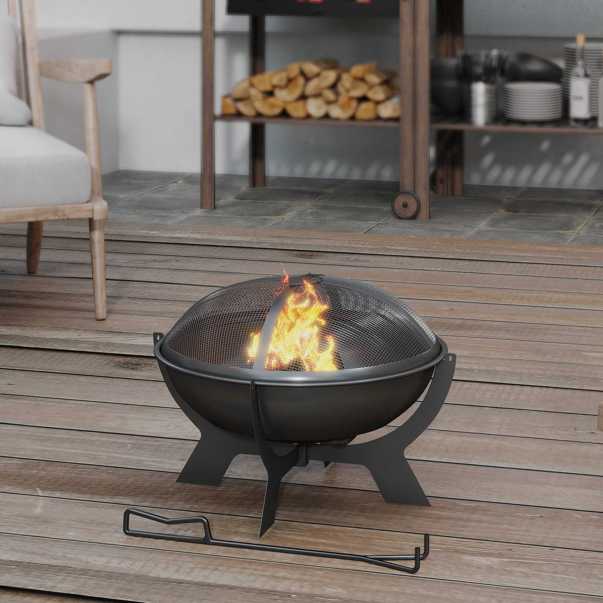 Outsunny Feuerschale Ø54 x 39 cm, mit Funkenschutz, Schürhaken, (Rund Feuerstelle, 1-St., Feuerschalen aus Metall), für Garten, Balkon Terrasse, Outdoor, Camping, Schwarz