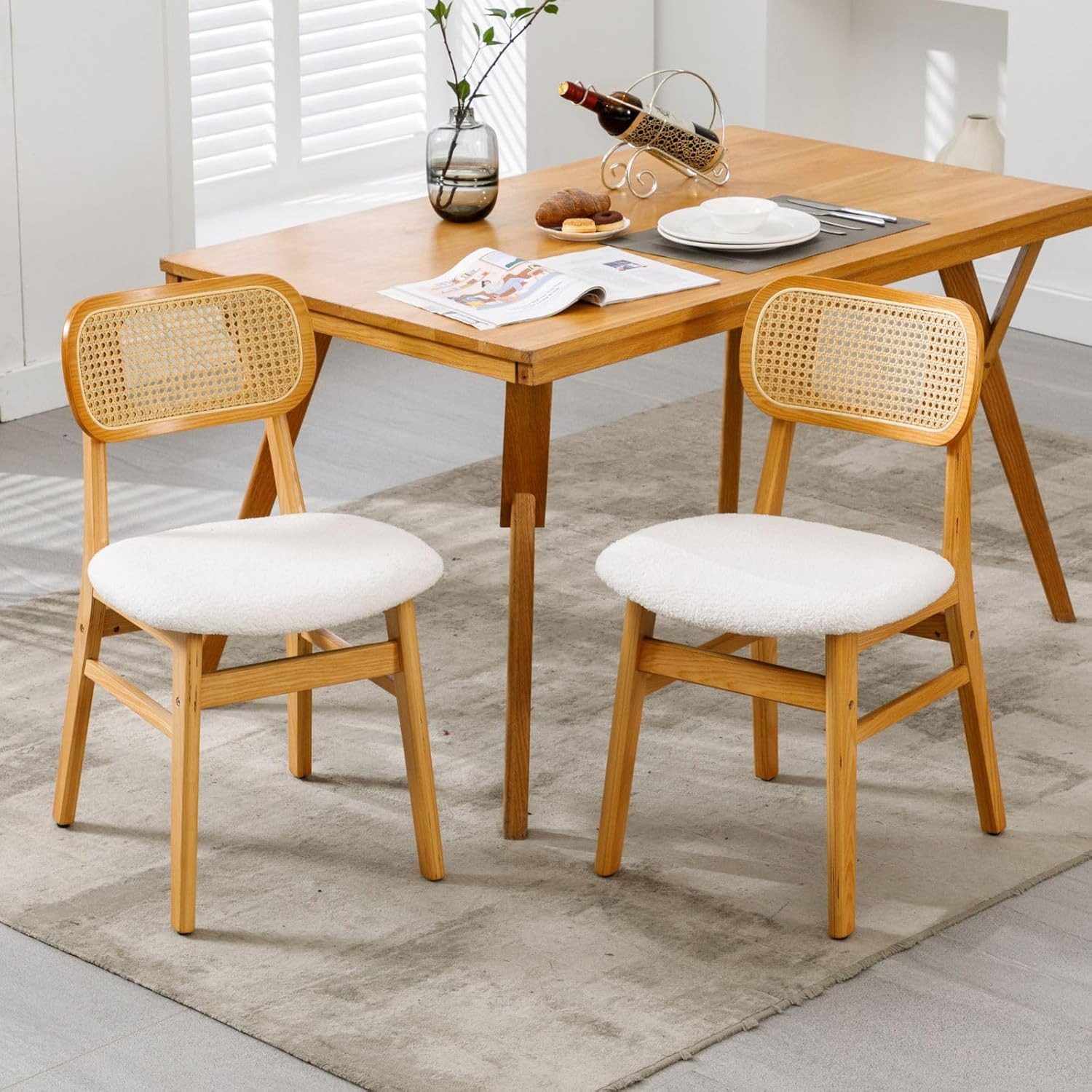 CHAIRUS Stuhl Küchenstuhl Esszimmerstuhl mit Massivholzbeinen für Küche/Wohnzimmer (2 St), Arbeitsstuhl, Rattan-Stuhl, Bequemer Kunstfell/Leder-Sitz