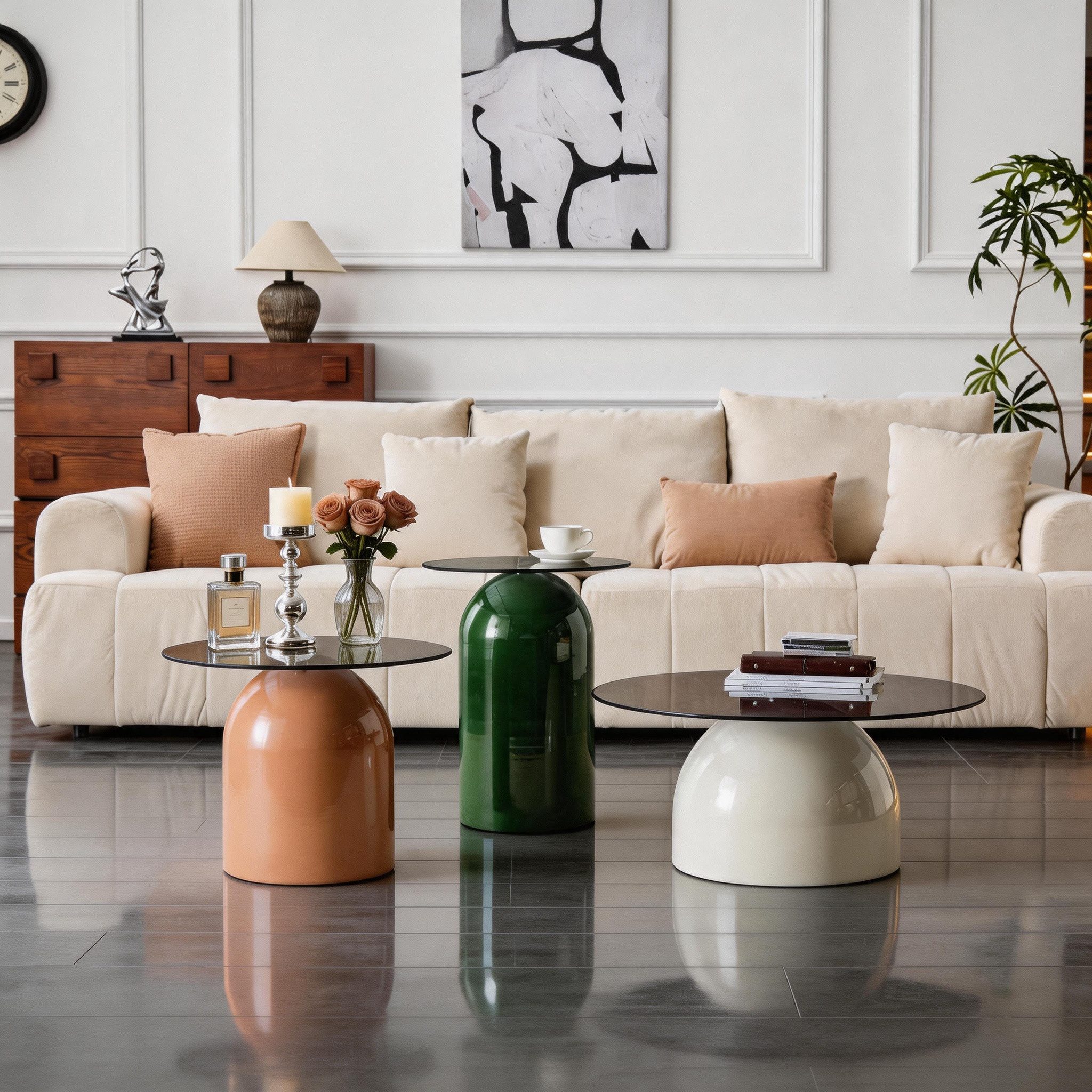 i@home Couchtisch 3-teiliges Set runder aus gehärtetem Glas & Hochglanzstahl (Packung Set, 3-St), gehärtetem Glas & Hochglanzstahl, strapazierfähig vielseitig nutzbar