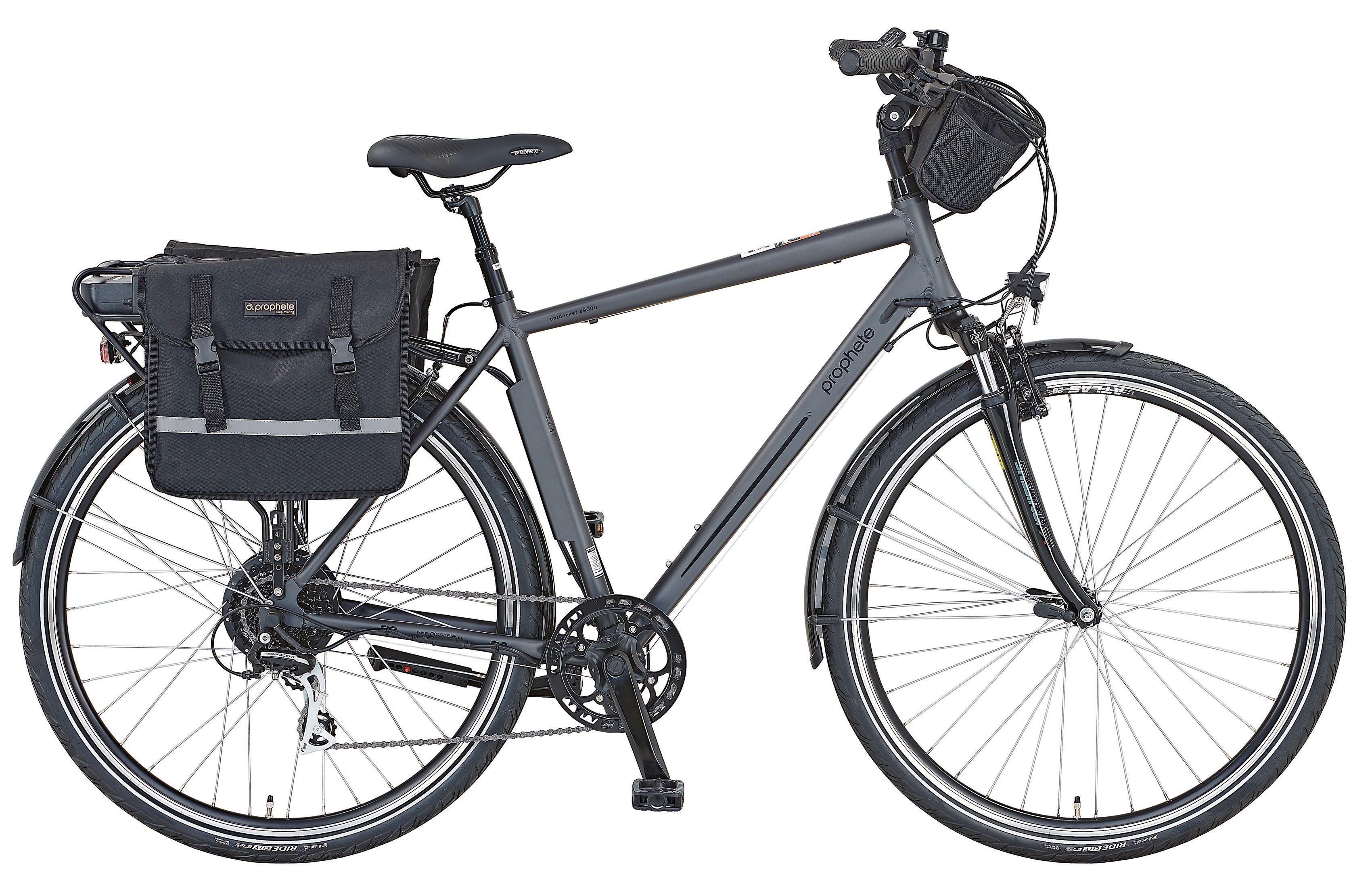 Prophete E-Bike Shimano (mit Wh 497 Schaltwerk, e9000, Kettenschaltung, 8 Heckmotor, mit Lenkertaschen, Entdecker Acera Seitentasche) Akku, Gang