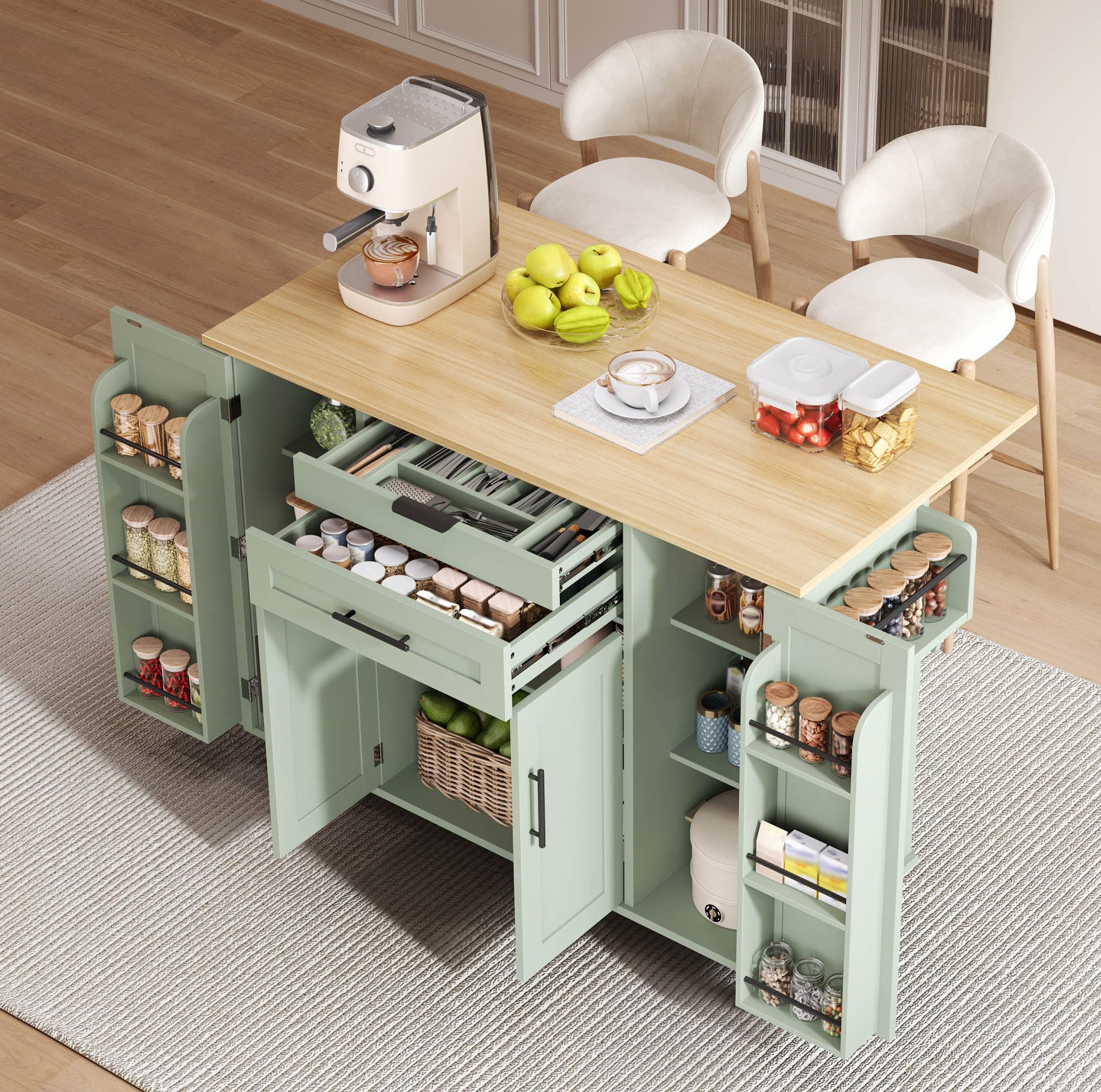 REDOM Küchenwagen mobile Kücheninsel, (mit ausziehbarer Arbeitsplatte bis 70 cm, Rollen und vielseitigem Stauraum für Küche und Wohnbereich, 1 St., L 136x W 70 x H 92cm), mit Rollen 136x70x92 cm
