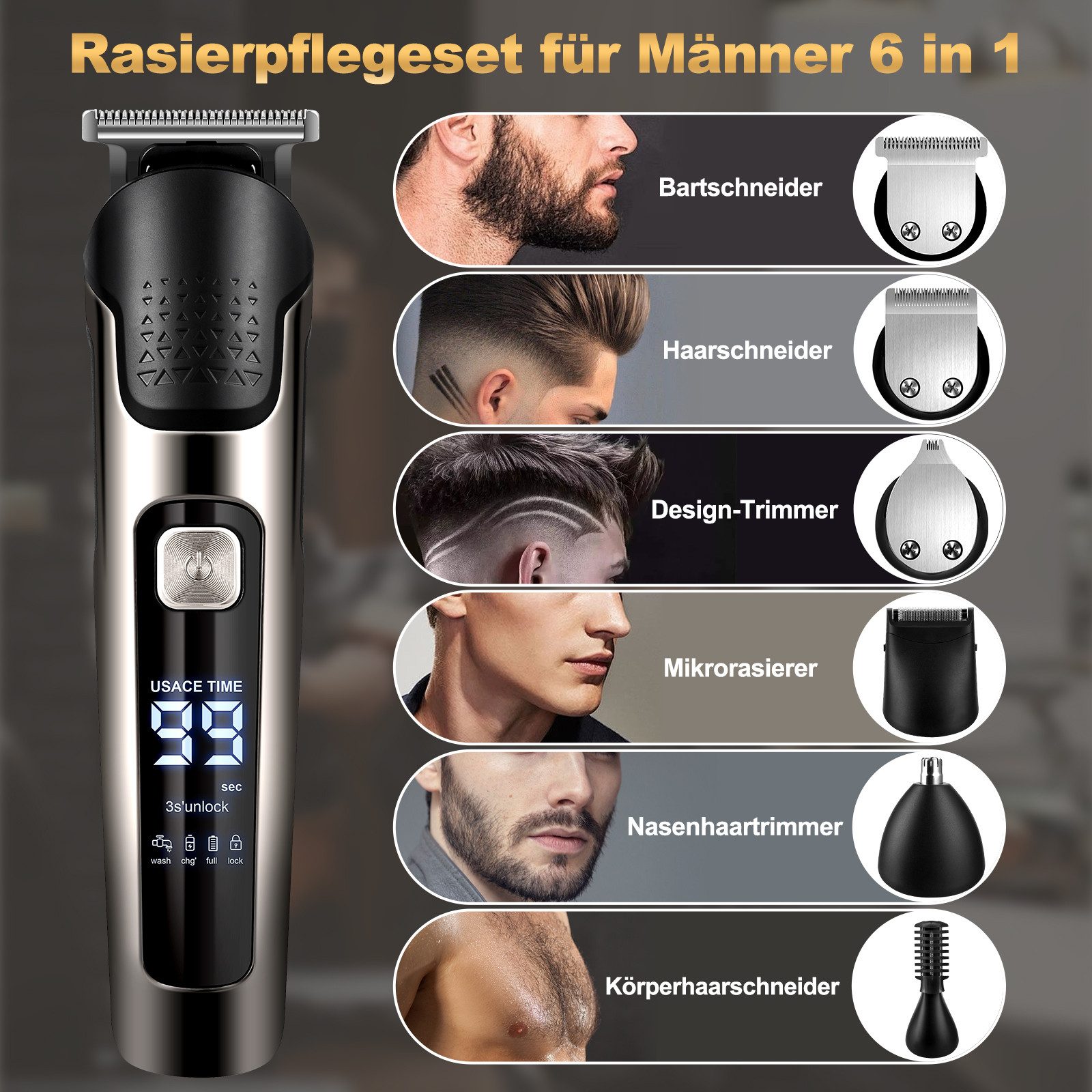 CkeyiN Pro Haar- und Bartschneider 6-in-1 Haarschneidemaschine für Herren,Haar und Bartschneider, Wird mit einer Basis und 5 Begrenzungskämmen geliefert, IPX6 wasserdicht, 1,5 Stunden Betrieb