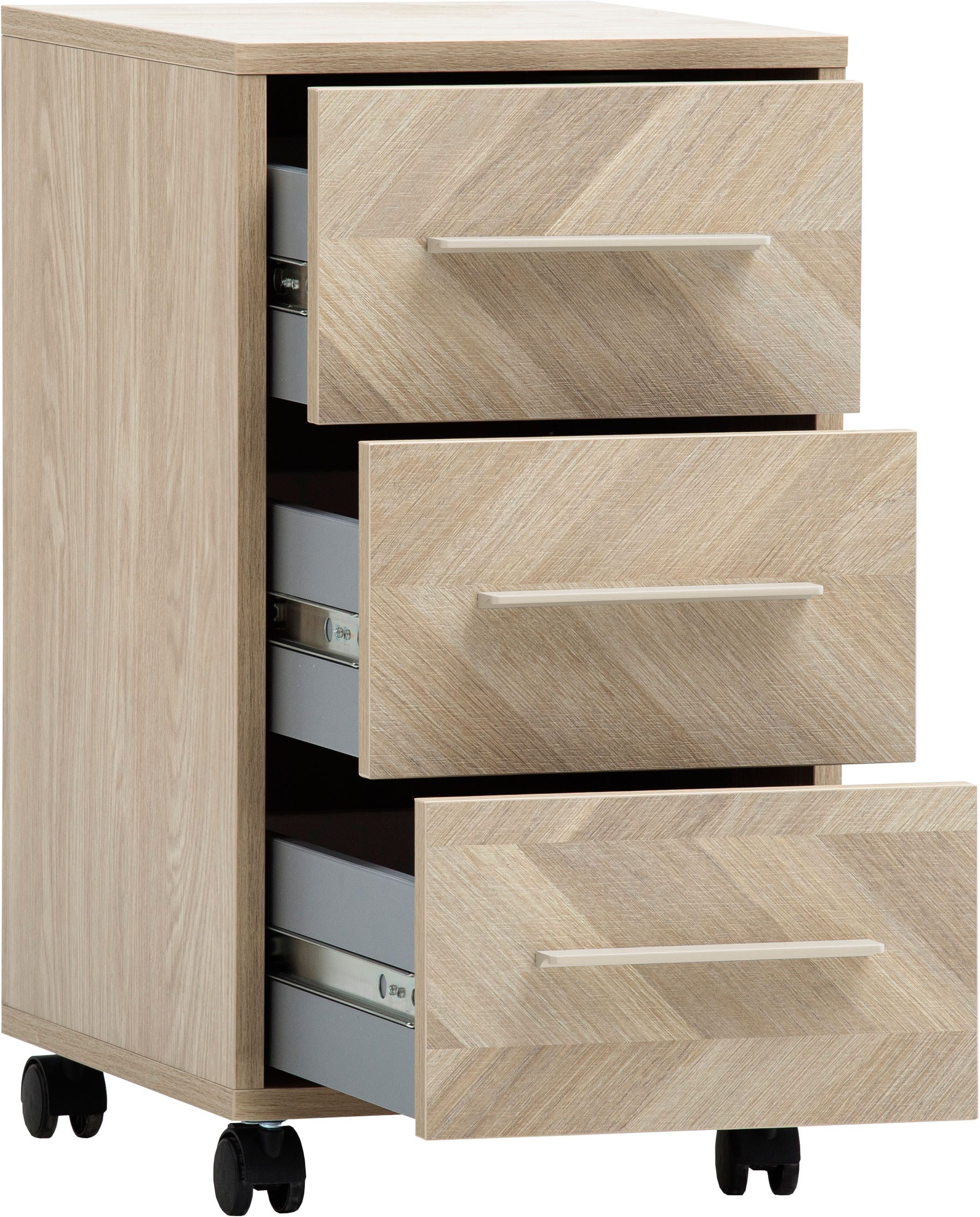 Schildmeyer Rollcontainer AREZZO, 3 Schubkästen, fühlbare Holzstruktur, MADE IN GERMANY, (1 St), Schubkastenfronten in Fischgräten Dekor, Made in Germany