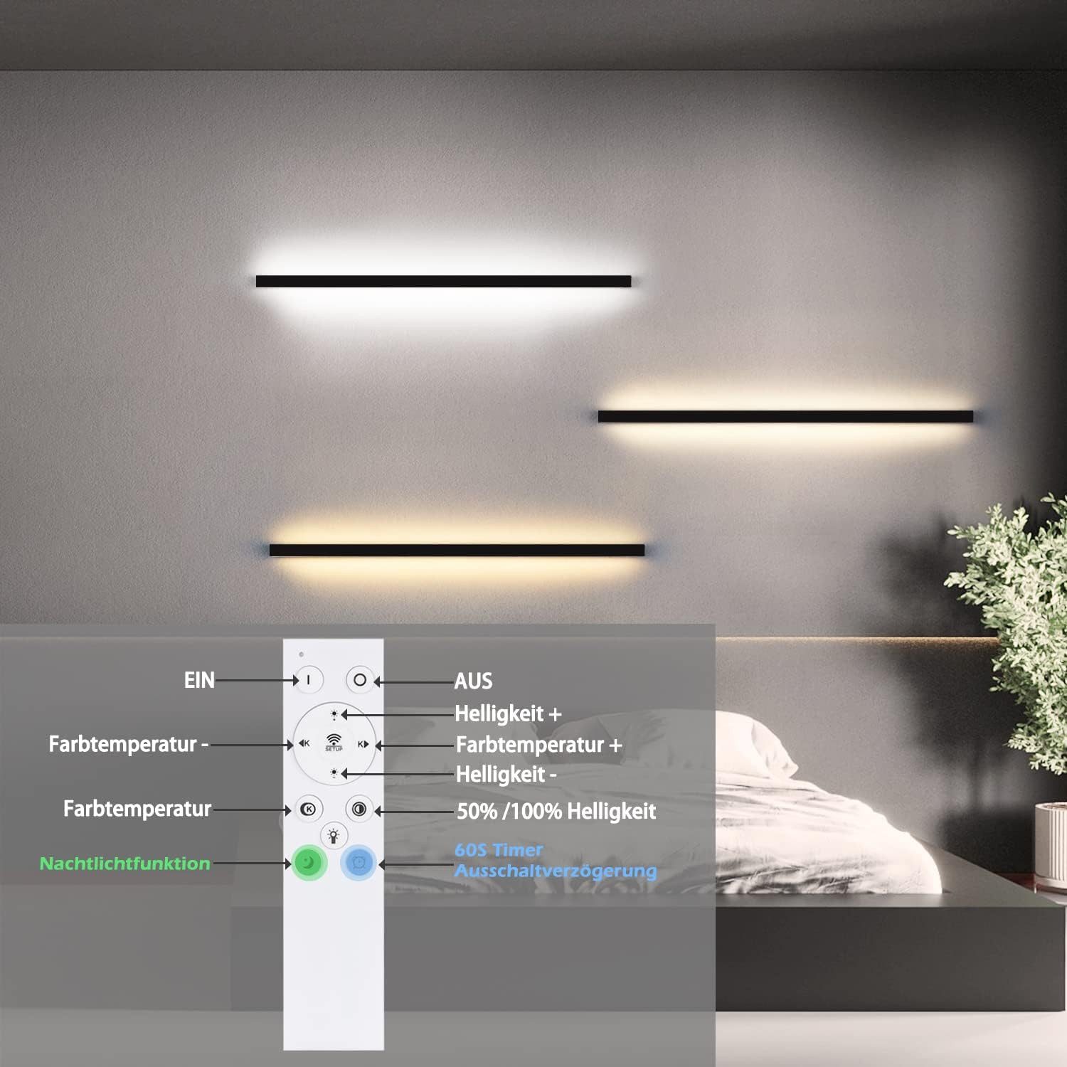 Nettlife LED Wandleuchte Schwarz Modern 60CM 21W Up Down innen Wandbeleuchtung, Dimmbar, LED fest integriert, Neutralweiß, Kaltweiß, Warmweiß, Wandlampe für Flu – Bild 3 von 5