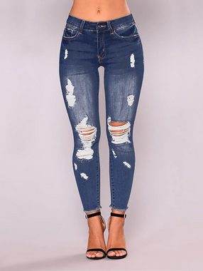 FIDDY Destroyed-Jeans Röhrenjeans für Damen, zerrissene, kurze Jeans