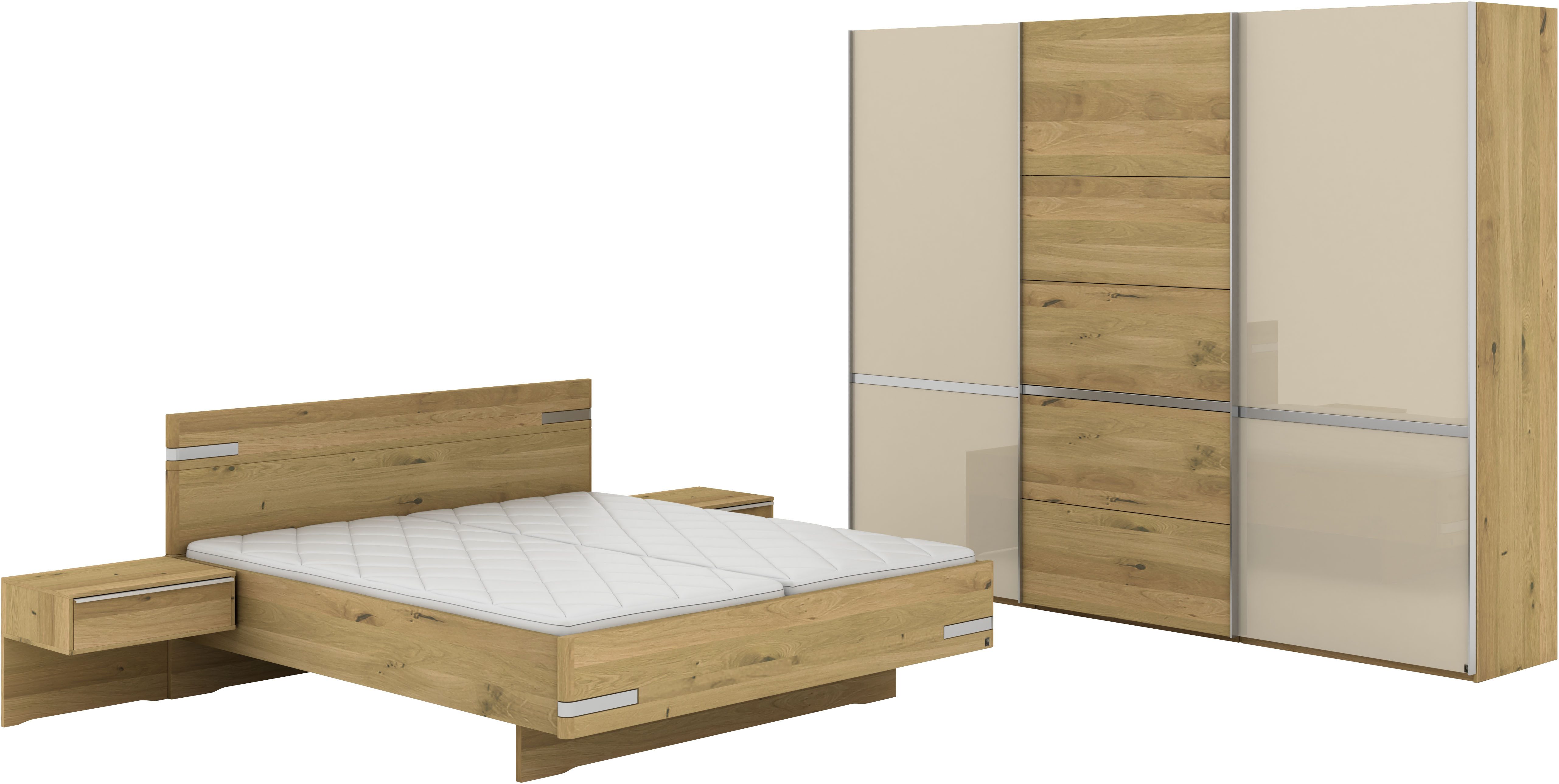 Musterring Schlafzimmer-Set Savona, Kleiderschrank, Bett & Nachtkommoden, teilmassiv Bianco-Eiche, (2er-Set Nachtschränke, Schwebetürenschrank, Bett 180x200 cm), Eiche- und Glastüren, Konsolen und Kopfteil Eiche-Bianco, Höhe 236cm
