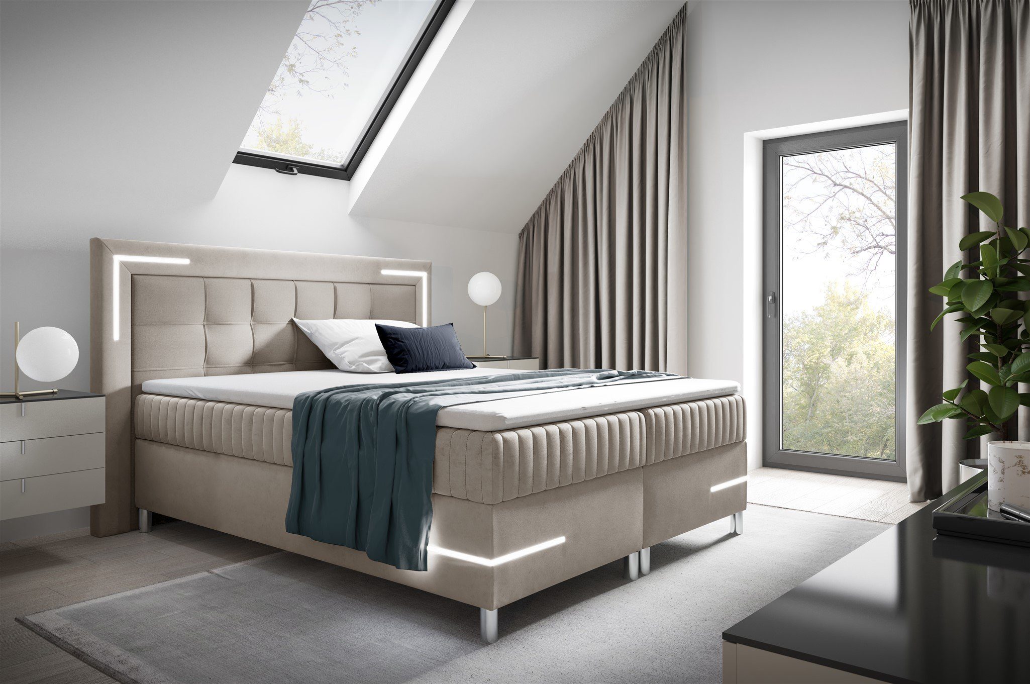 Fun Möbel Boxbett Bett Schlafzimmerbett AMORE Nr.2 in Stoff Fresh (inkl. Bettkasten, inkl. Topper), LED Leuchten mit Fernbedienung