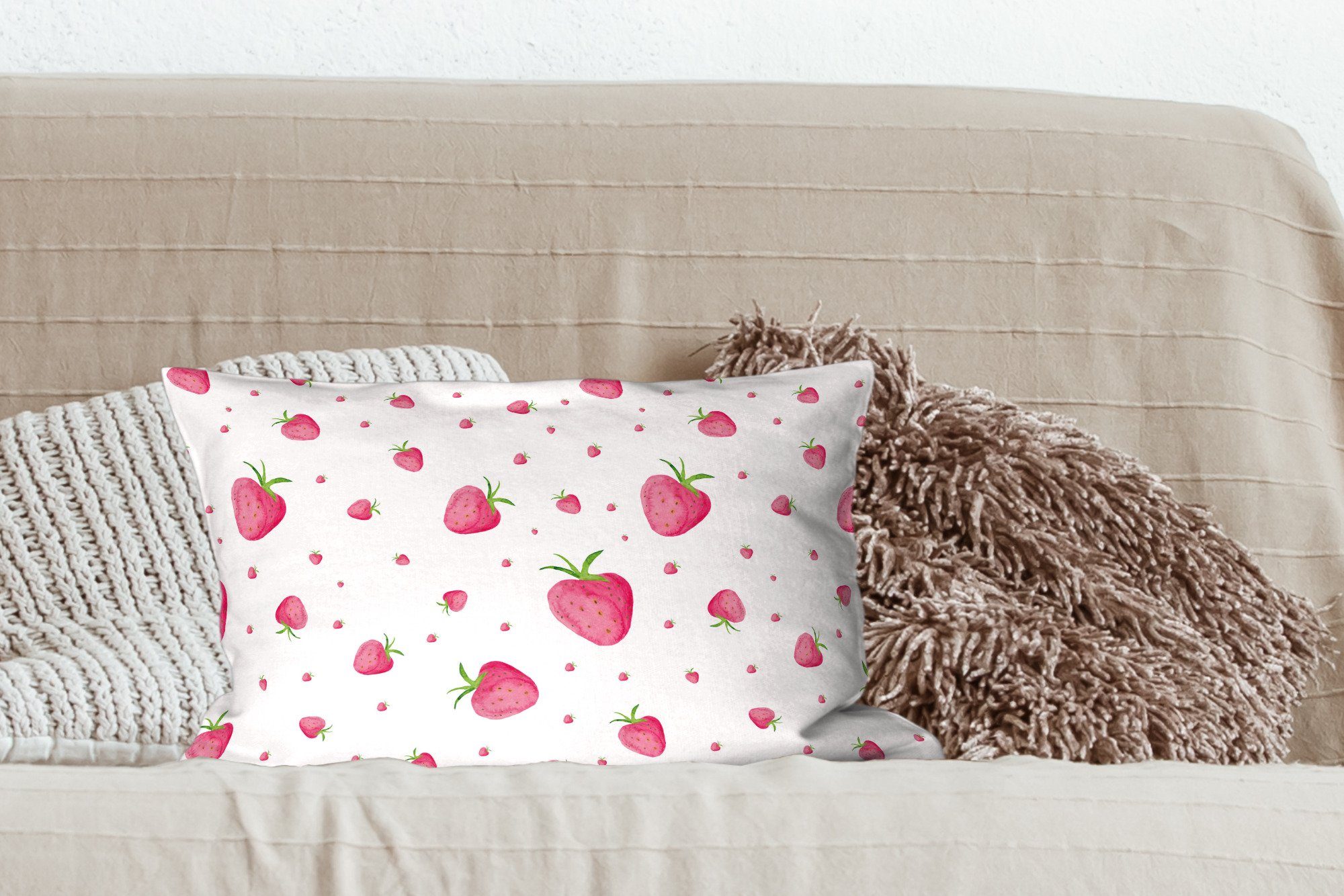 Obst Schlafzimmer Dekoration, - mit Dekokissen - Füllung, MuchoWow Erdbeere Wohzimmer Weiß, Zierkissen, Dekokissen