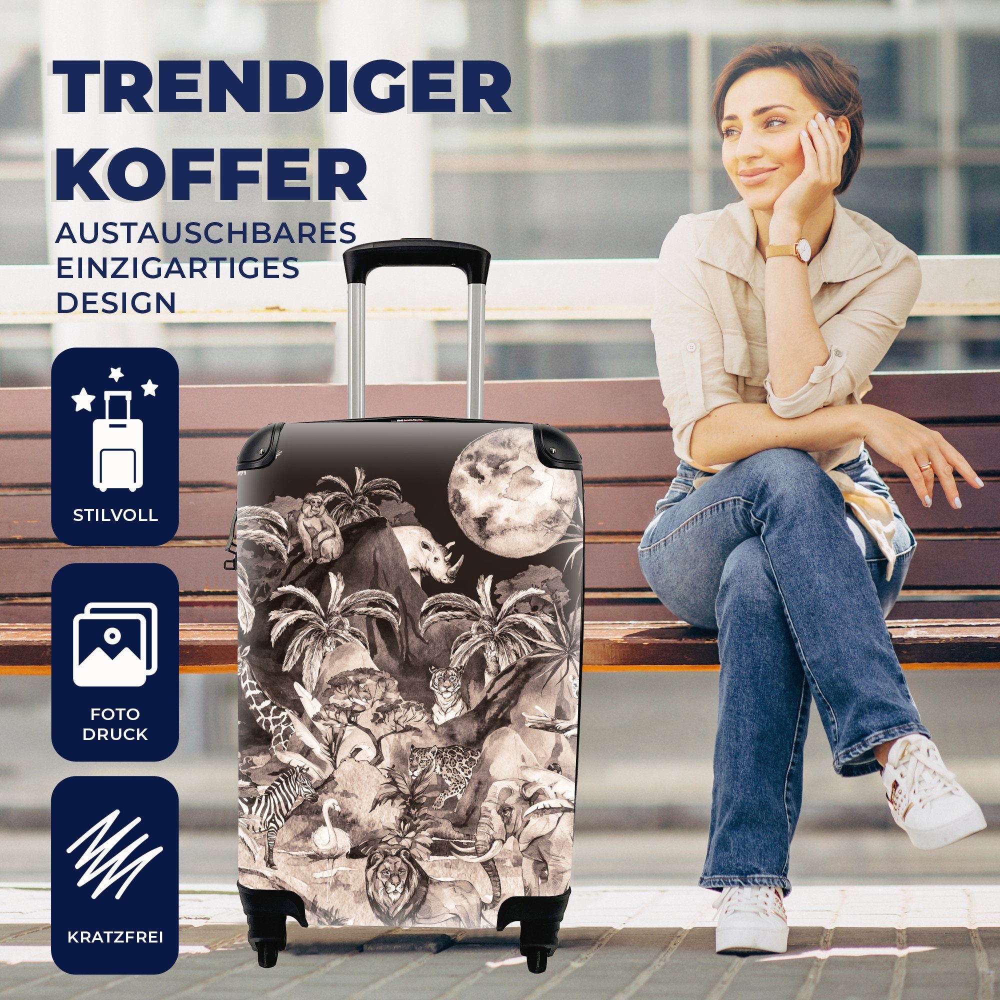 Handgepäckkoffer Rollen, Trolley, Reisekoffer 4 Reisetasche Dschungel Kinder Tiere mit - Bäume - Pflanzen, - Ferien, MuchoWow für - rollen, Handgepäck