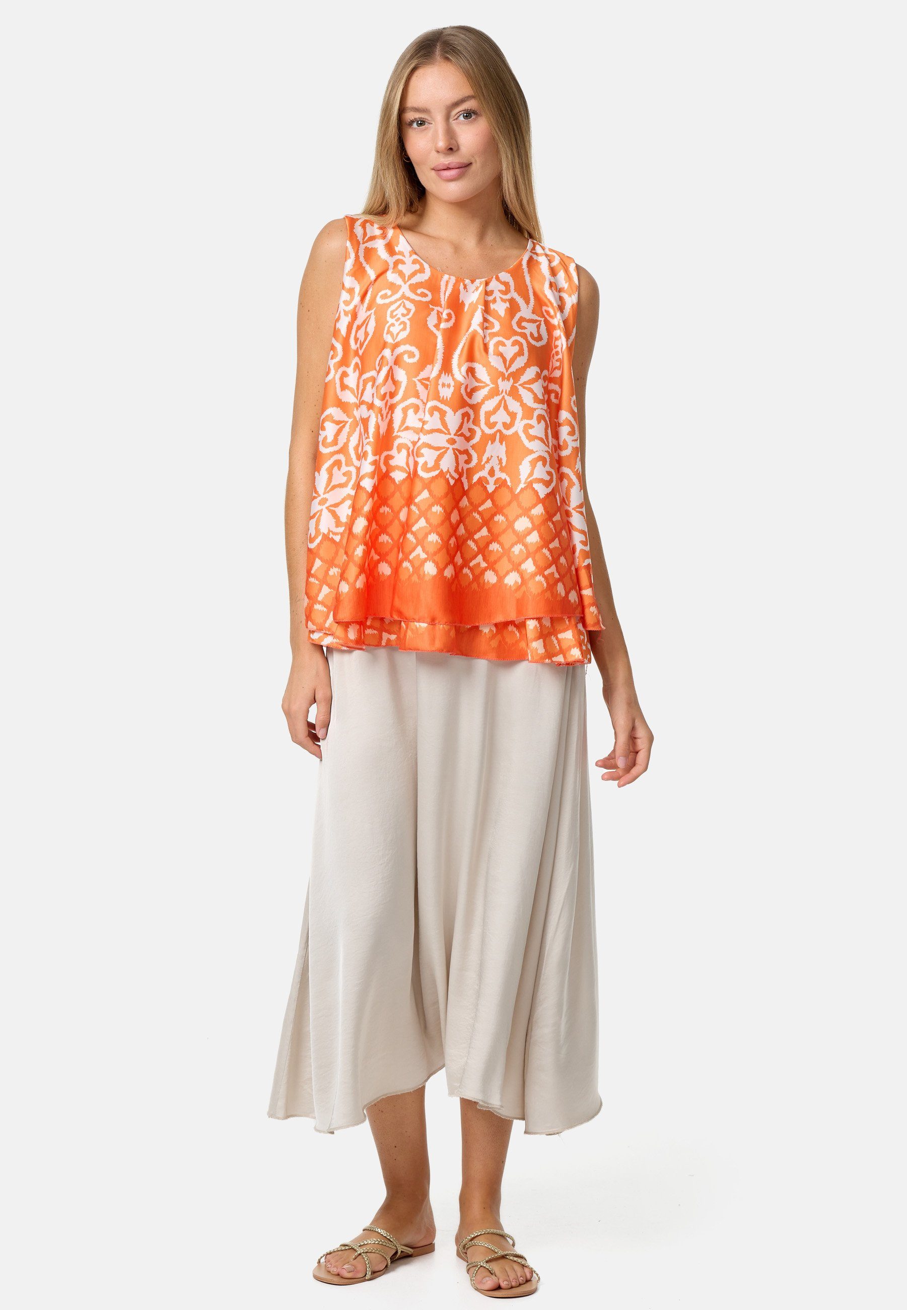 PM SELECTED Blusentop PM-34 Einheitsgröße) (Sommerlicher Sleeveless in Satin Muster Overlay Top Orange