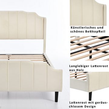 IDEASY Polsterbett Doppelbett, Jugendbett, Gästebett, 140 x 200 cm, Samt gepolstert, rosa/grau/beige, einfache Montage