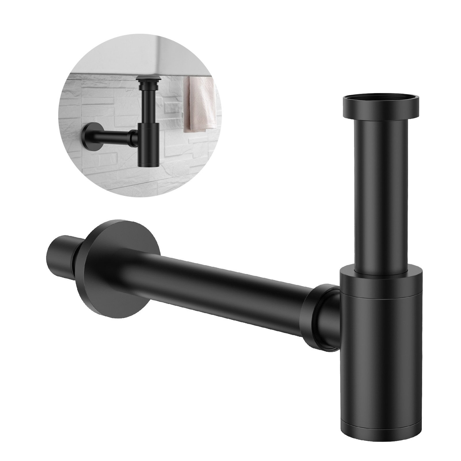 Auralum Max Siphon 1 1/4" Röhrensiphon Geruchsverschluss Waschbecken Sifon Syphon Ablauf, Ablaufgarnitur für Waschbecken und Waschtisch, Schwarz