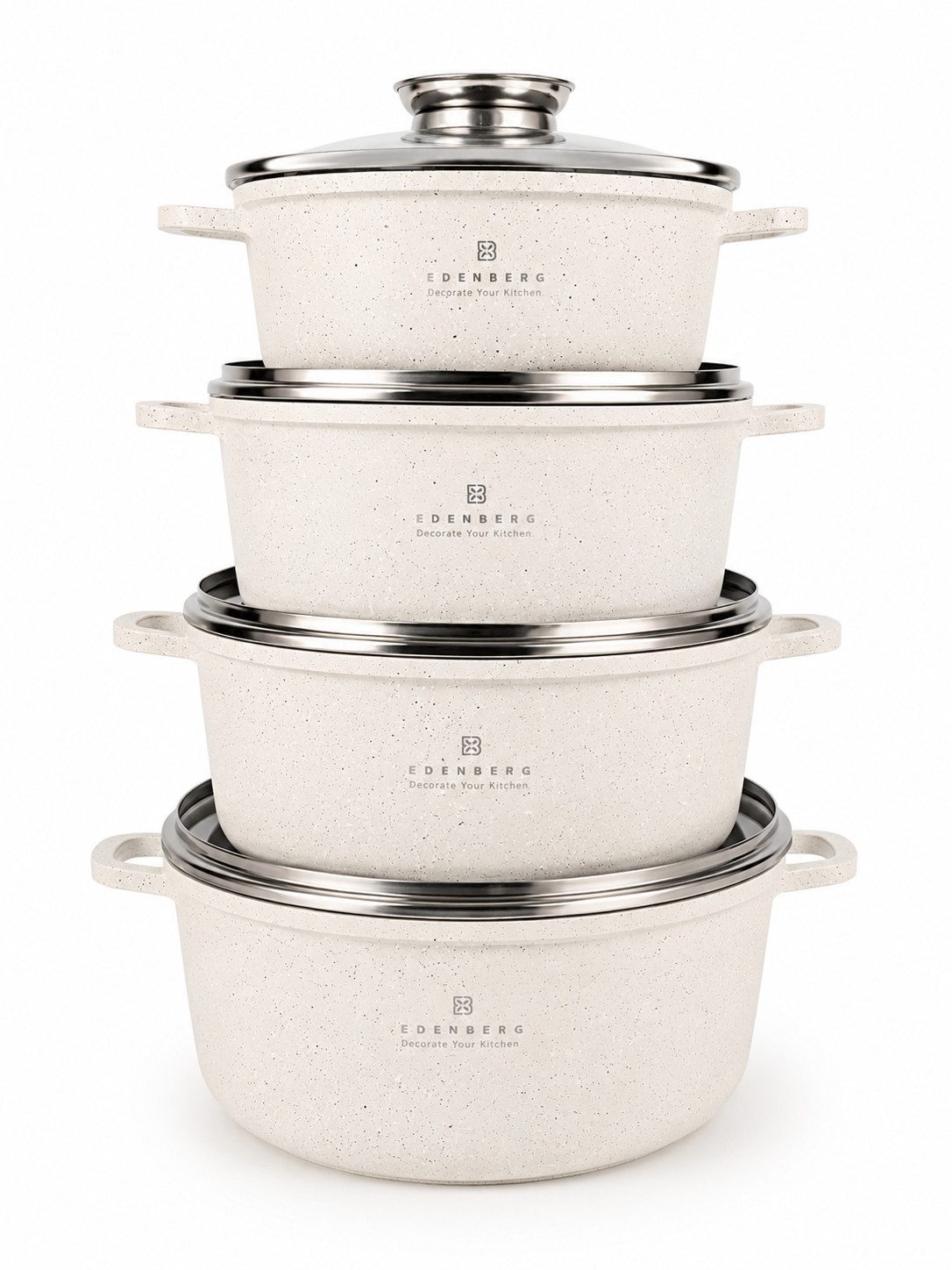Edenberg Topf-Set Wunderschönes Set beigefarbener Töpfe in 4 verschiedenen Größen, Keramik, Aluminium, Edelstahl, Aluminiumguss (Dank seines eleganten Designs und der praktischen Ausstattung ist dieses Set außerdem eine ideale Geschenkidee für Hochzeiten,