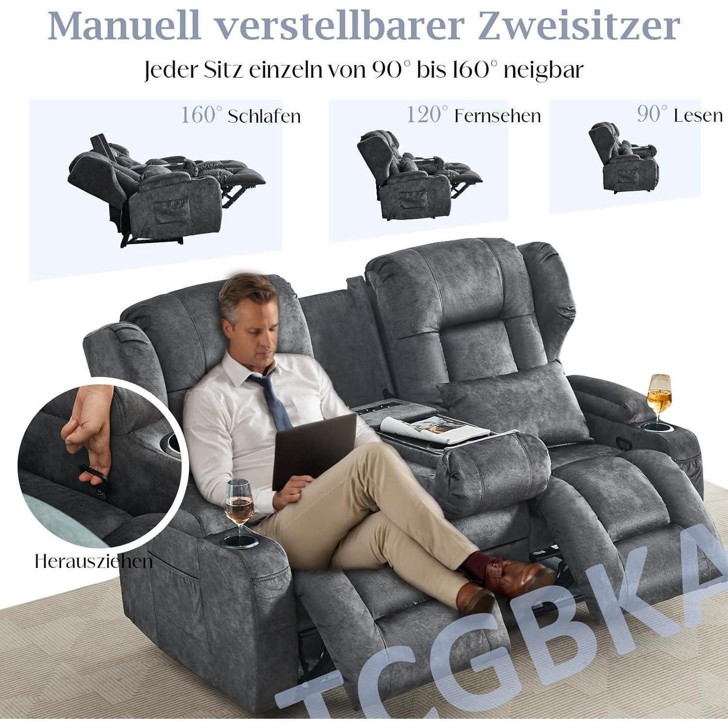 LuxusKollektion TV-Sessel Relaxsessel 2 Sitzer Fernsehsessel Grau (Samtstoff) 172cm Zweisitzer