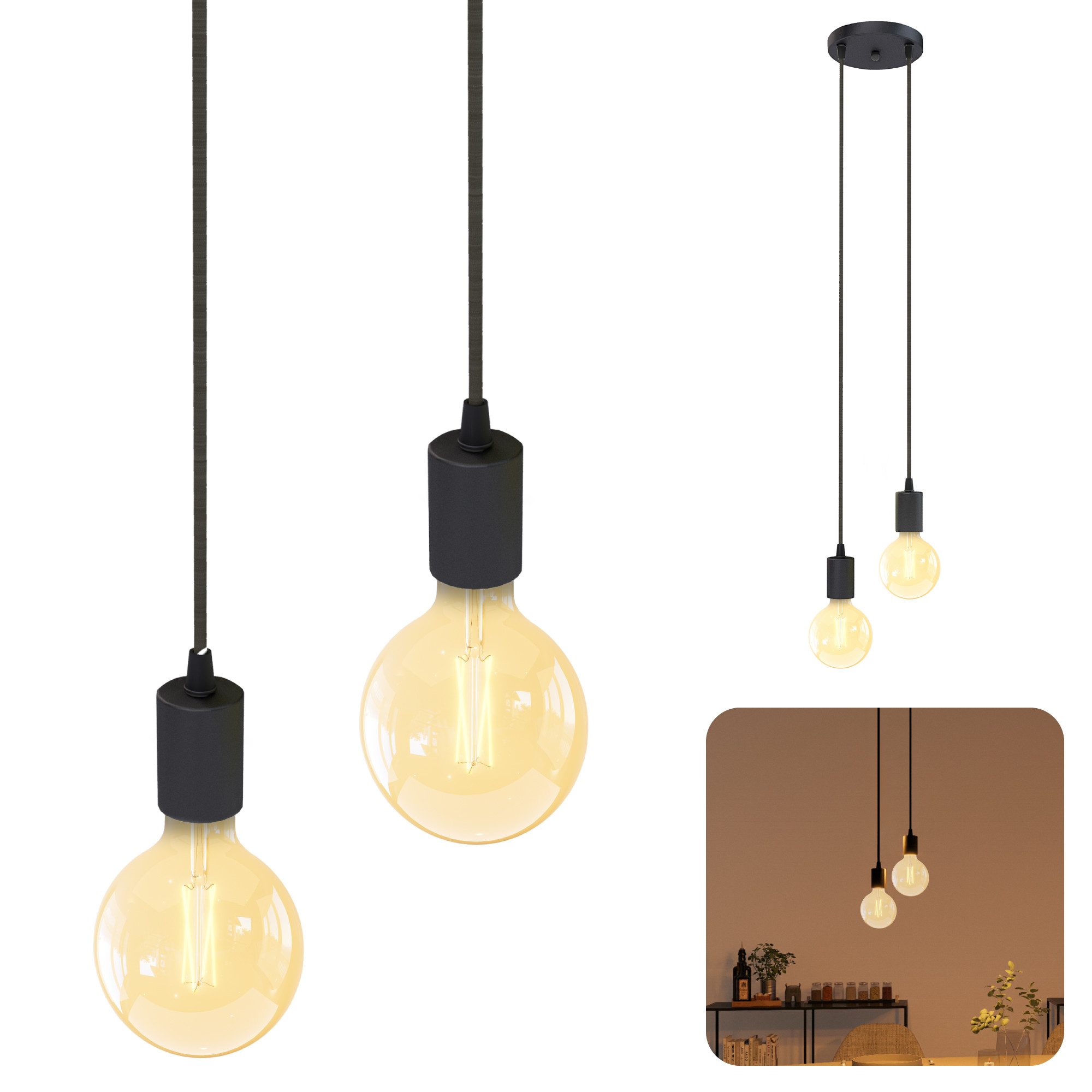 SSC-LUXon LED-Hängeleuchte Pendellampe PARU 2er mit smart E27 Birne 5W WLAN App dimmbar, Warmweiß bis Tageslicht