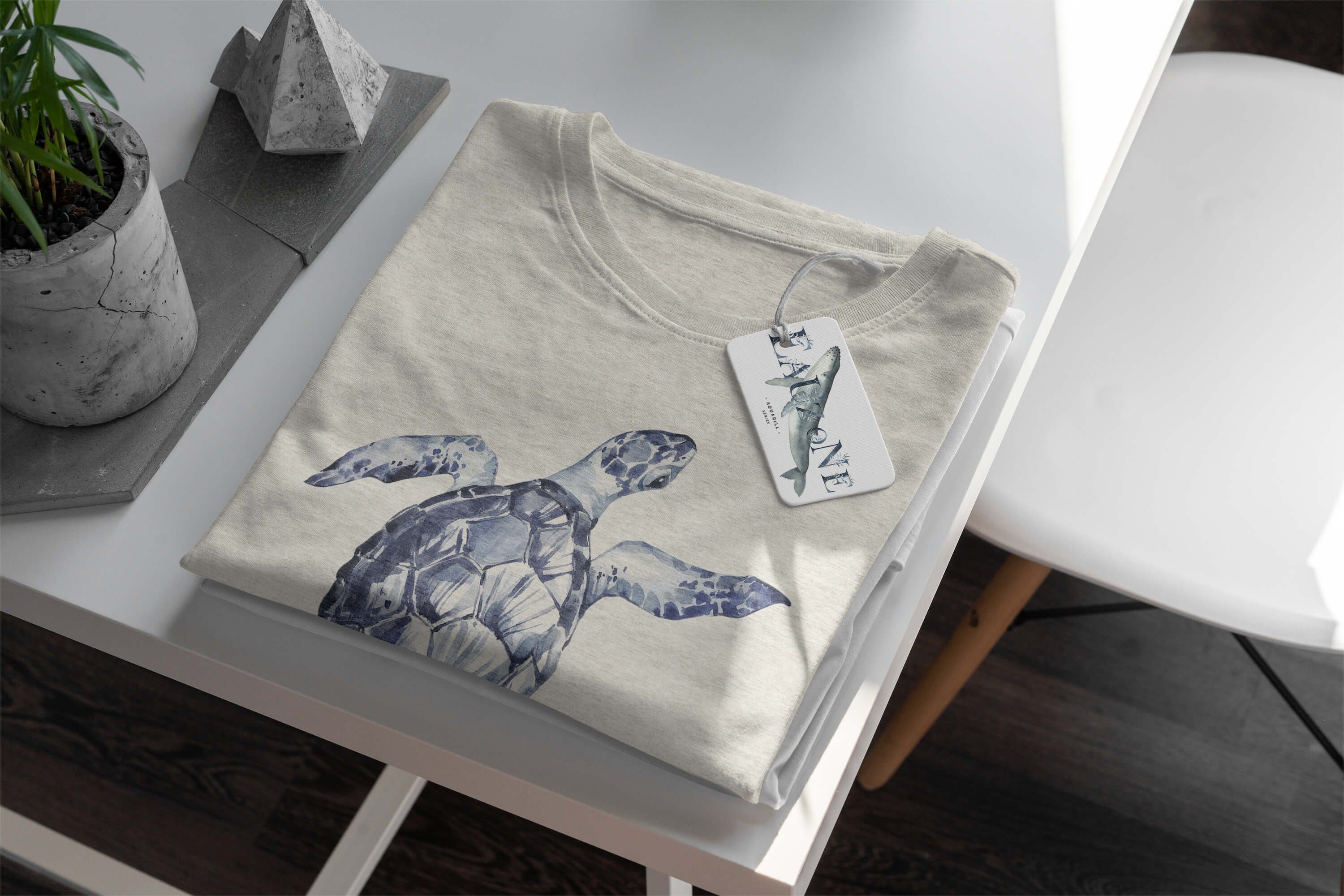 Sinus Art T-Shirt Seeschildkröte Nachhaltig 100% gekämmte Bio-Baumwolle (1-tlg) Wasserfarben Herren Motiv Shirt T-Shirt Ökomo