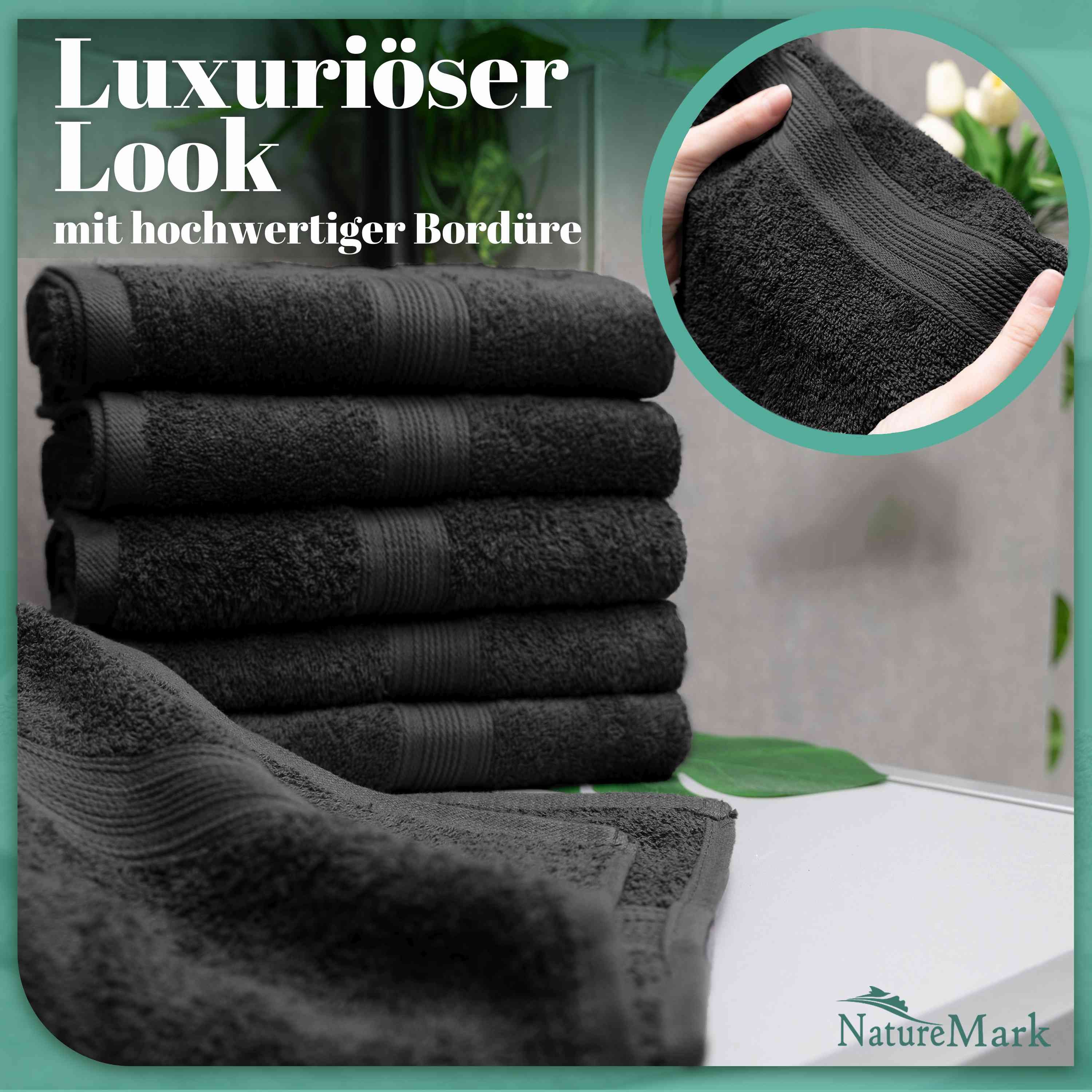 NatureMark Handtücher 8er-Set Frottier Handtücher 50x100cm, 100% Baumwolle (8-St), 8X Frottier Handtücher mit Aufhänger, 50 x 100cm, Schwarz – Bild 5 von 5