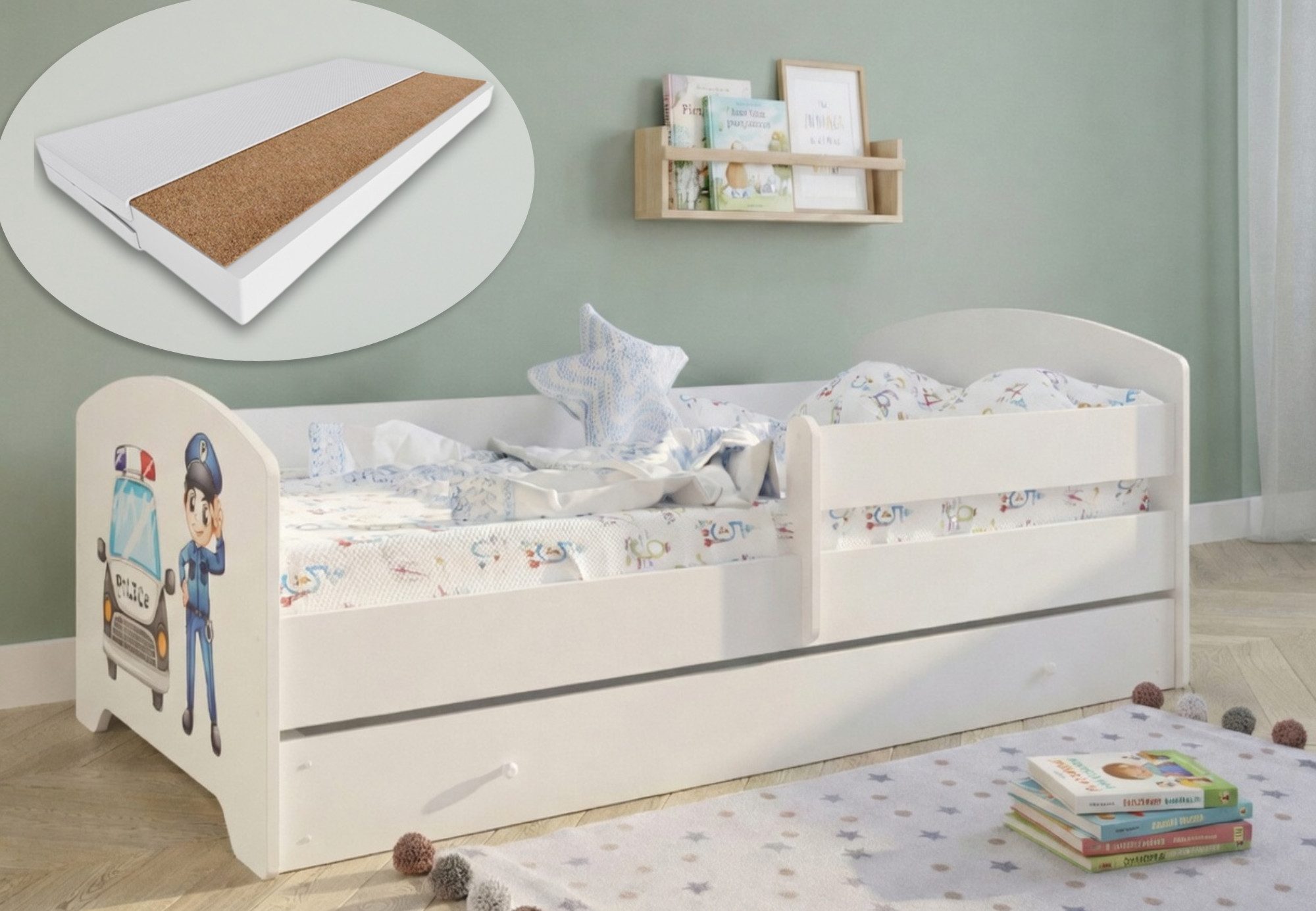 Kids Collective Kinderbett 70x140 / 80x160 cm Komplettset mit Matratze & Schublade (Bett für Jungen und Mädchen, Einzelbett für Kinder von 2 - 10 Jahren), komplettes Set mit Polizei Motiv für Jungen und Mädchen 80x160 cm