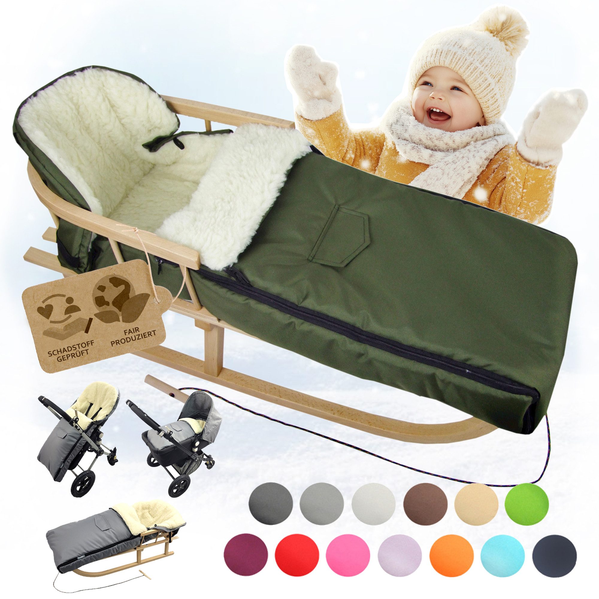 BambiniWelt by Rafael K. Schlitten CE-HOLZSCHLITTEN mit Rückenlehne Zugleine + WINTERFUßSACK Wolle 108cm (universaler Winterfußsack (108cm) + Holzschlitten (90cm), Kombi-Angebot