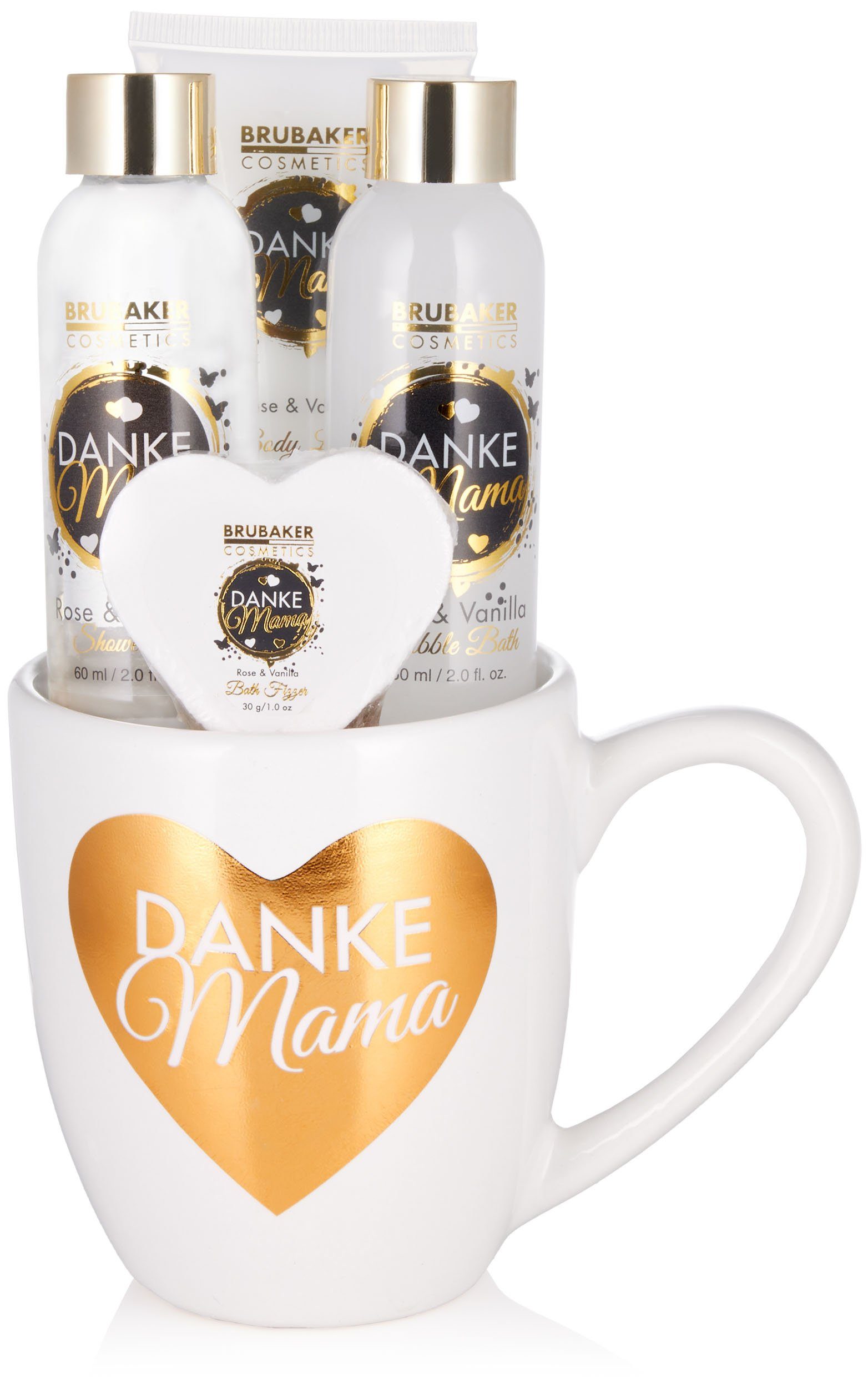 Mutter - in - Mama Badeset Rosen Herz BRUBAKER Dusch- 5-tlg., mit Duft, Vanille Gold Weiß Kaffeetasse mit Dekor Geschenkset Danke Pflege-Geschenkset und