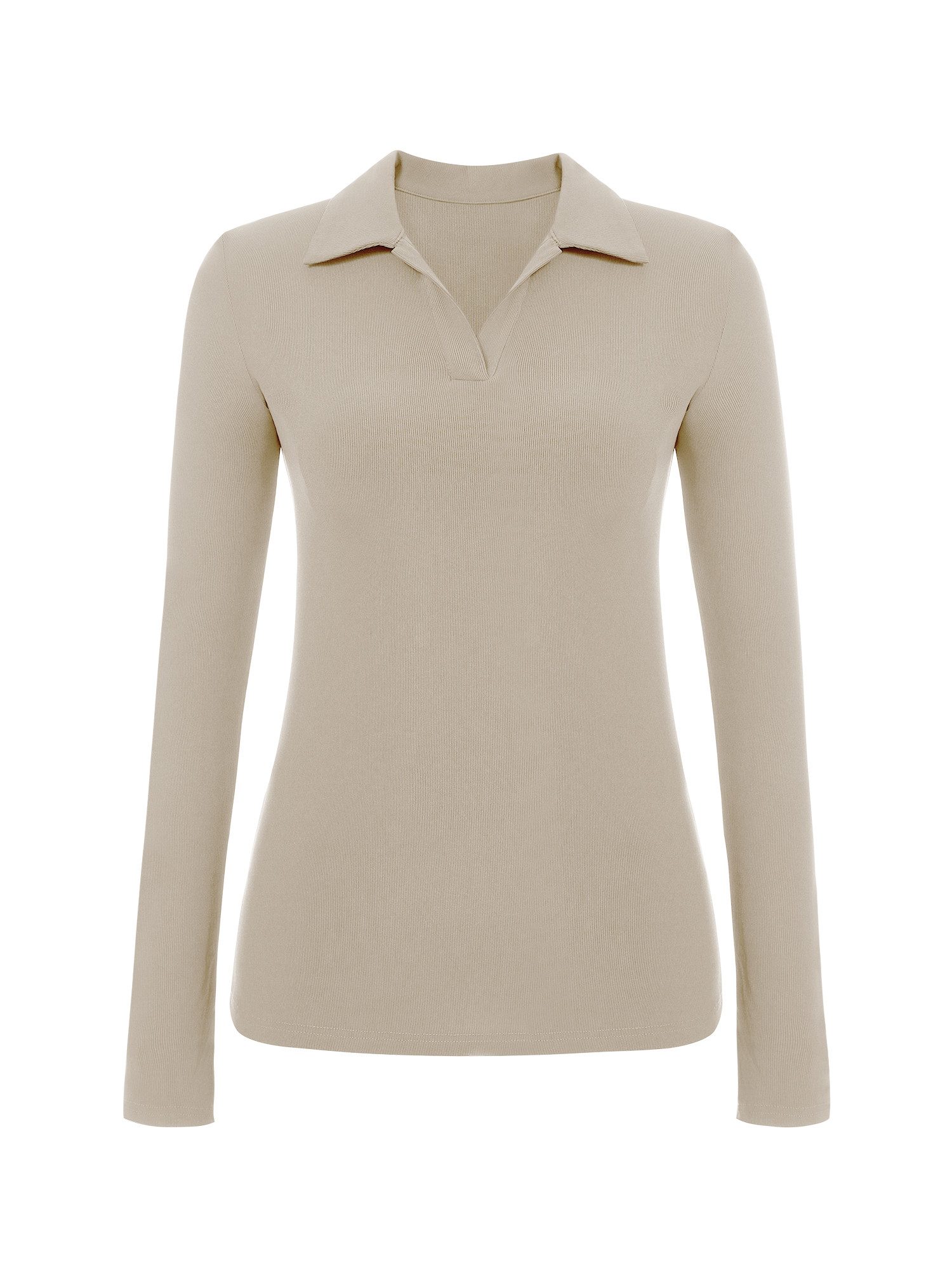 Imily Bela Poloshirt Damen Langärmliges Top mit aus Rippstrick (Packung, 1-tlg., 1per-Pack) V-Ausschnitt
