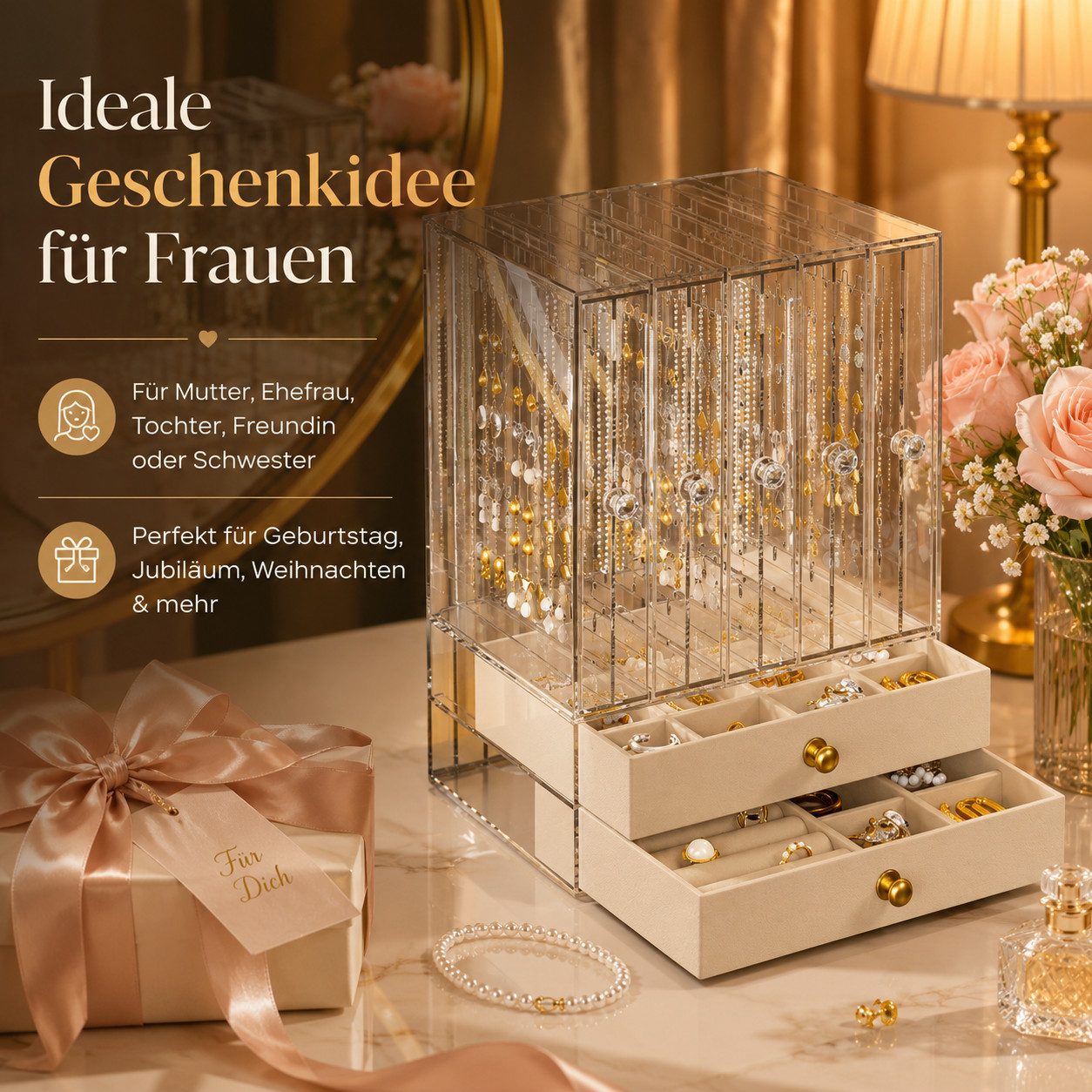 Fyrove Make-Up Organizer Transparenter Schmuckkasten groß, herausnehmbare Fächer für Damen, Set, Transparentes Material, Praktisches aufgeteiltes Innenlayout – Bild 4 von 5
