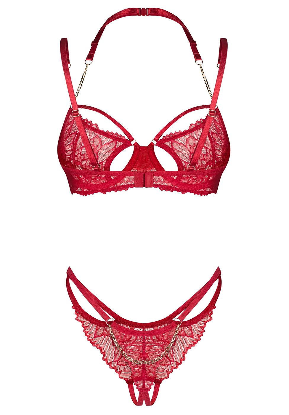 Obsessive Set: Bügel-BH Matildea Dessous Set: BH und String aus Spitze mit Ketten - rot (2-tlg) Spitzen-String mit offener Schrittpartie und Kette auf der Rückseite