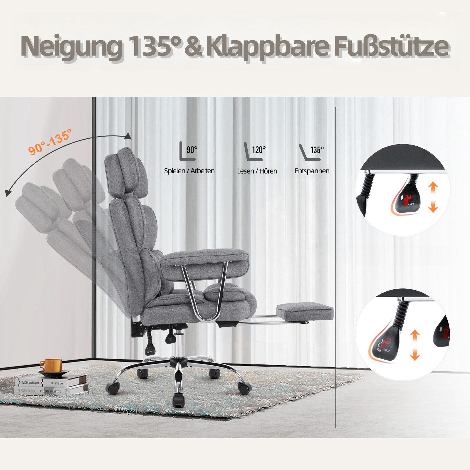 Intimate WM Heart Chefsessel Ergonomischer Bürostuhl, Höhenverstellbar Schreibtischstuhl (Gaming Stuhl mit dickem Kissen), Stoff Drehstuhl mit Kopfstützte und F – Bild 5 von 5