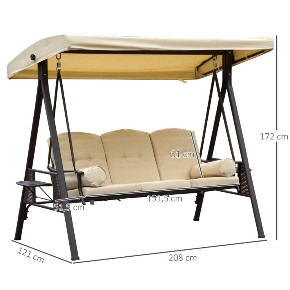 CHICFURN Hollywoodschaukel Gartenschaukel mit Sonnendach und Kissen, Metall & Polyester, 3-Sitzer, Packung, 1 tlg., 3-Sitzer, Beige, 121×208×172 cm