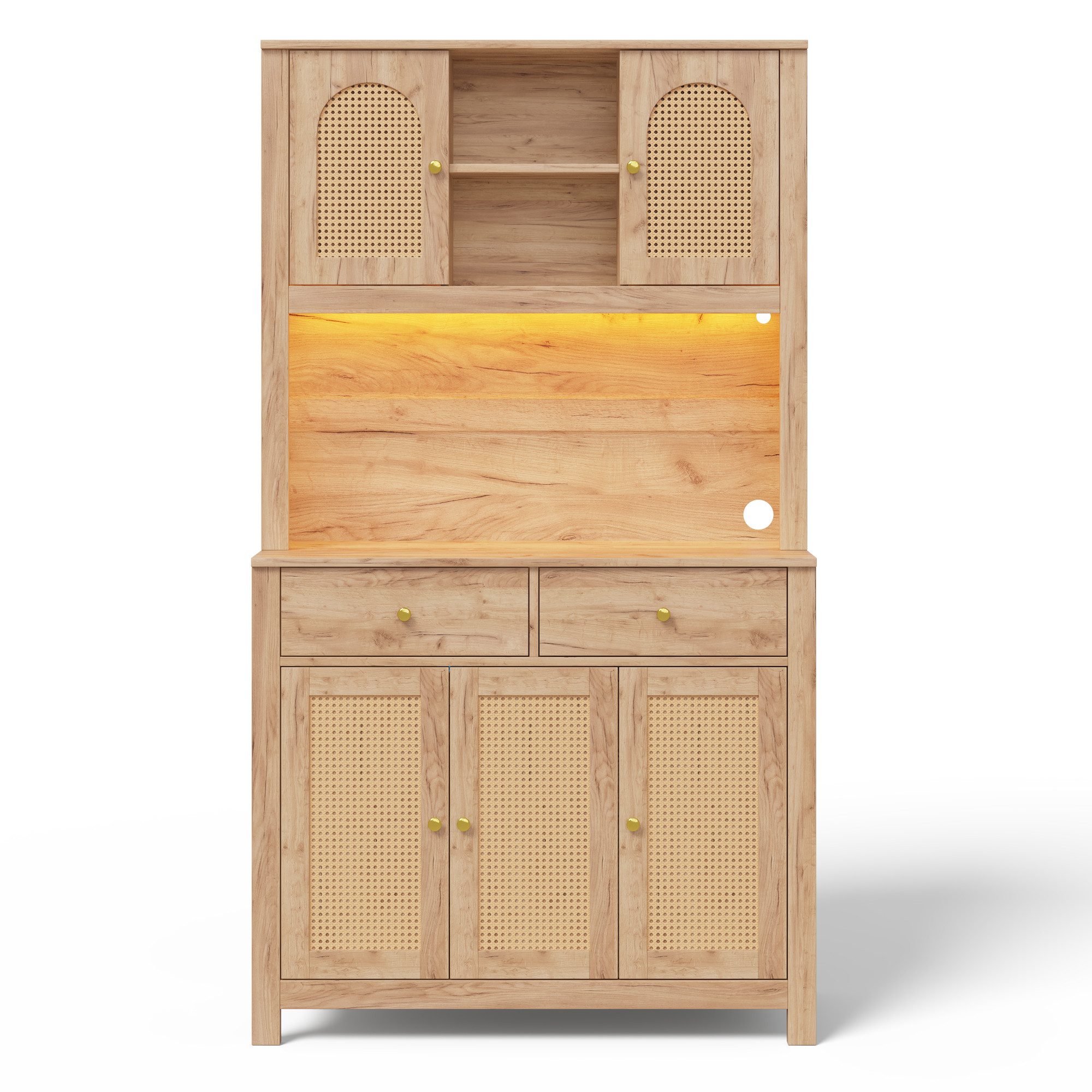 Flieks Küchenbuffet Hochschrank mit LED-Beleuchtung, Steckdosen, Rattantüren, 2 Schubladen (Ladefunktion, 1-St., B100xT40xH180 cm) Küchenschrank Mehrzweckschran – Bild 4 von 5
