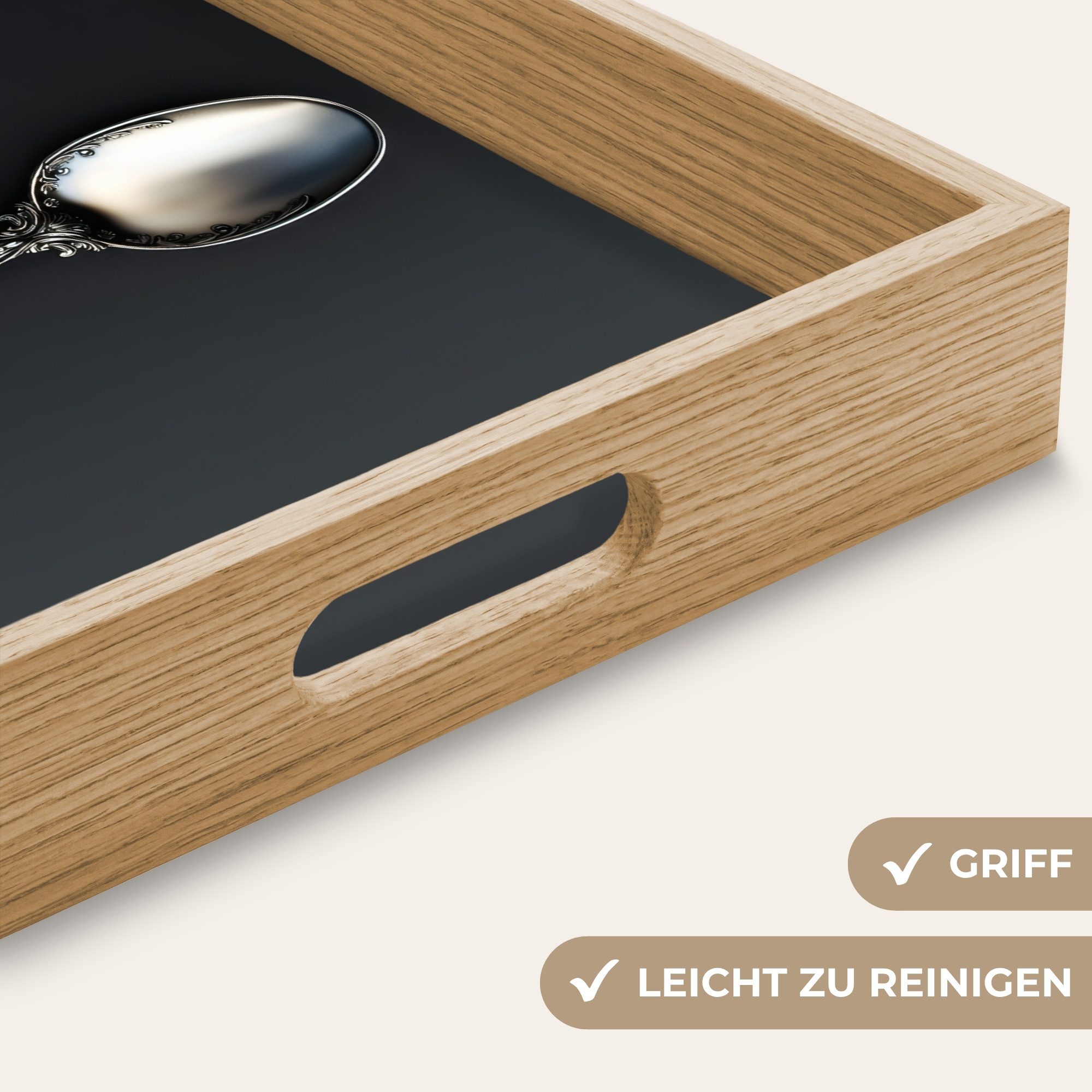 OnlyWow Tablett Rechteckig mit Henkel Löffel - Silber - Metall, Eichenholz, (1-tlg), Siervierplatte, Tray, Frühstücksbrett
