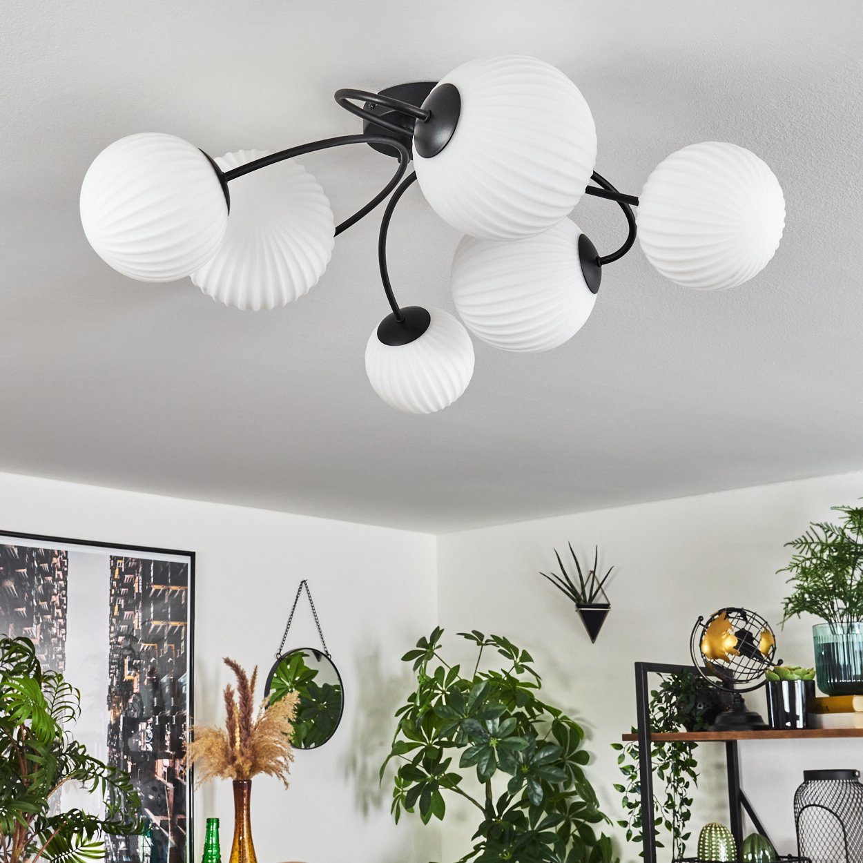 hofstein Deckenleuchte Deckenlampe aus Metall/Glas in Schwarz/Milchglas in Riffel-Optik, ohne Leuchtmittel, Leuchte im Retro-Design aus Glas, 6 x G9 LED, ohne Leuchtmittel