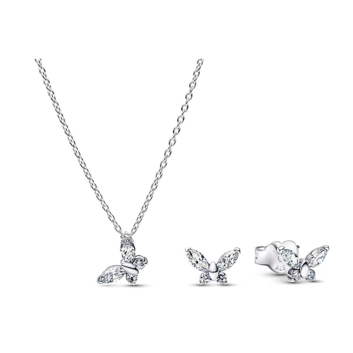 Pandora Kette mit Anhänger 21536, Schmuckset für Damen und Ohrringe Schmetterling Silber