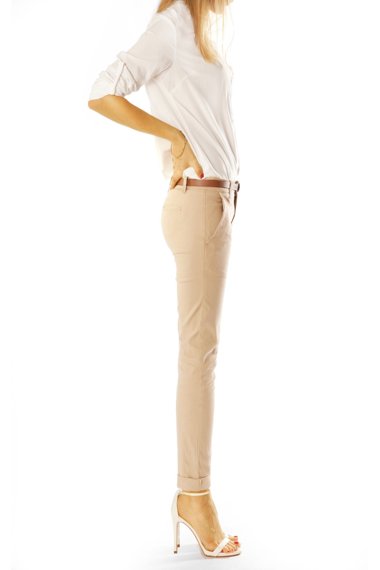 mit - Unifarben Hüftige styled Hose beige Stretch, j10m-3 - Stoffhosen Hüfthosen in be Damen Chino Chinohose