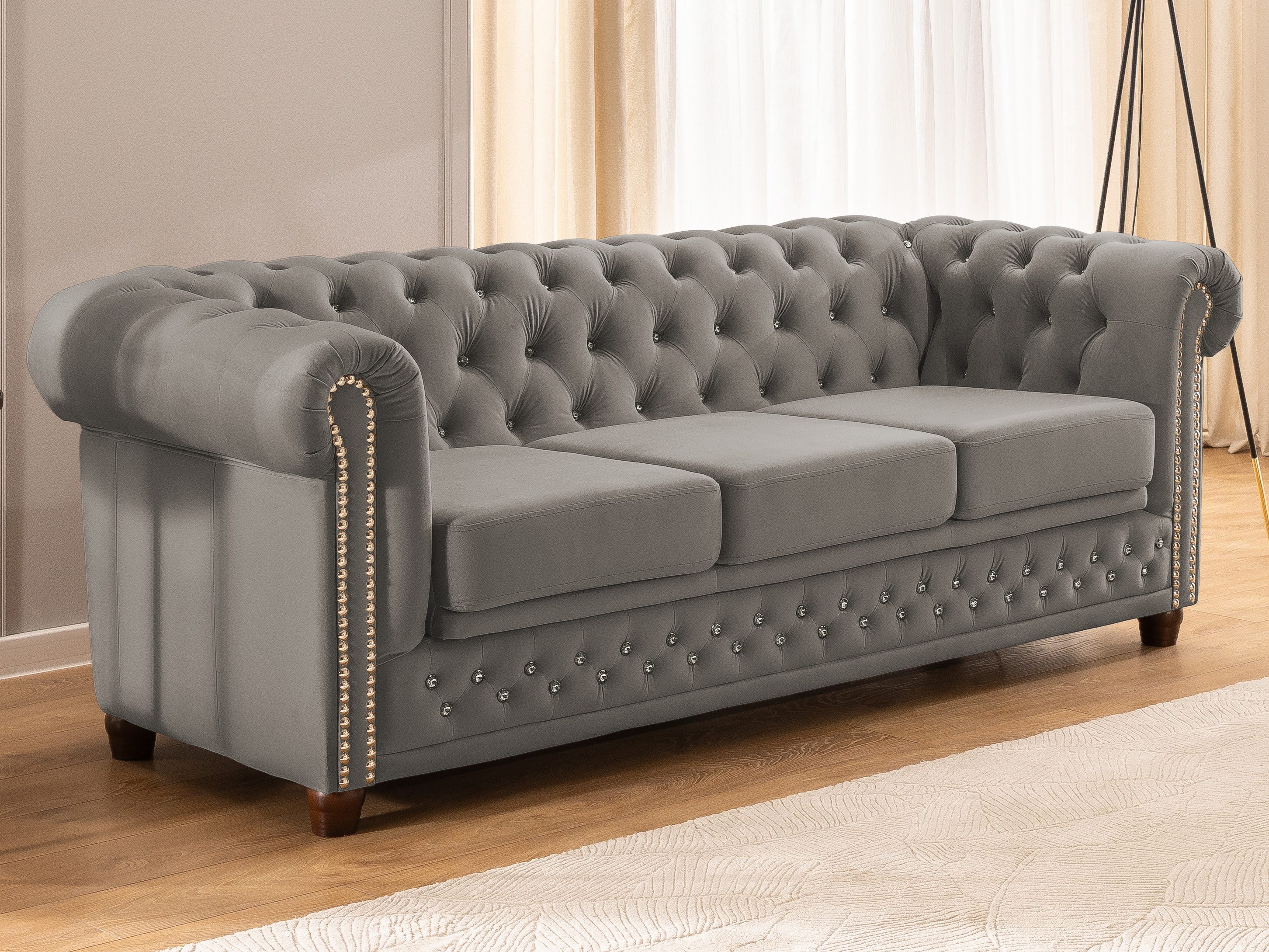 S-Style Möbel Chesterfield-Sofa 3-Sitzer mit Schlaffunktion Cleo Blink aus Samt mit Kristallsteppung, mit Wellenfederung
