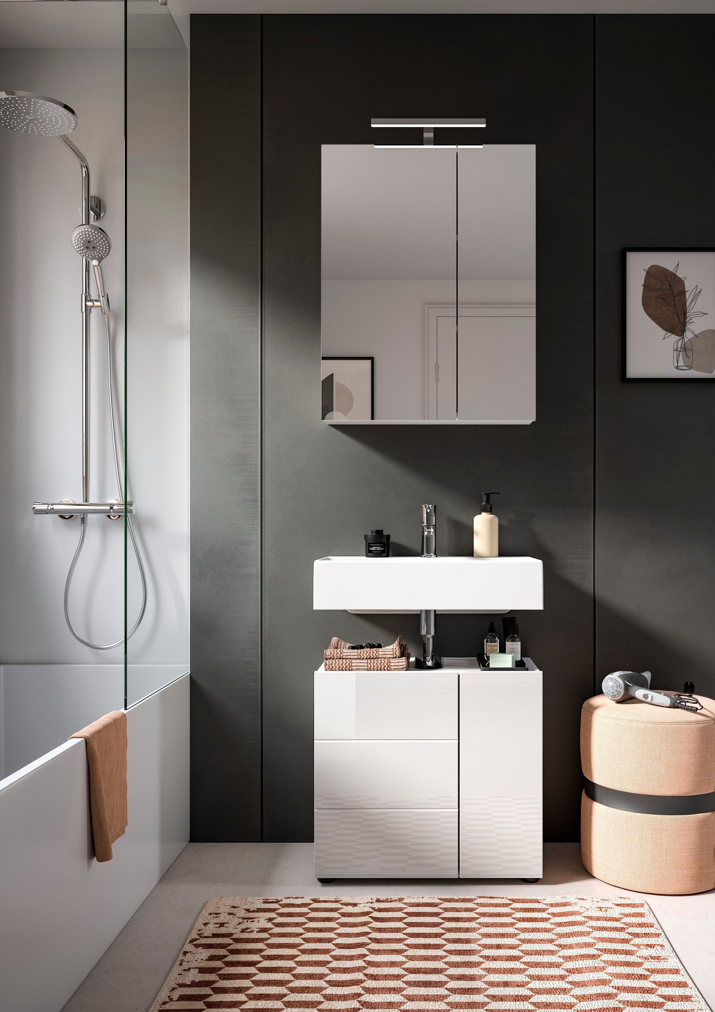 welltime BIEL vanity unit, TOP SELLER!, 60 cm wide, 1 door, 2 compartments, with siphon cutout (1 pc) Bathroom furniture, bathroom cabinet, cupboard, vanity unit, bathroom