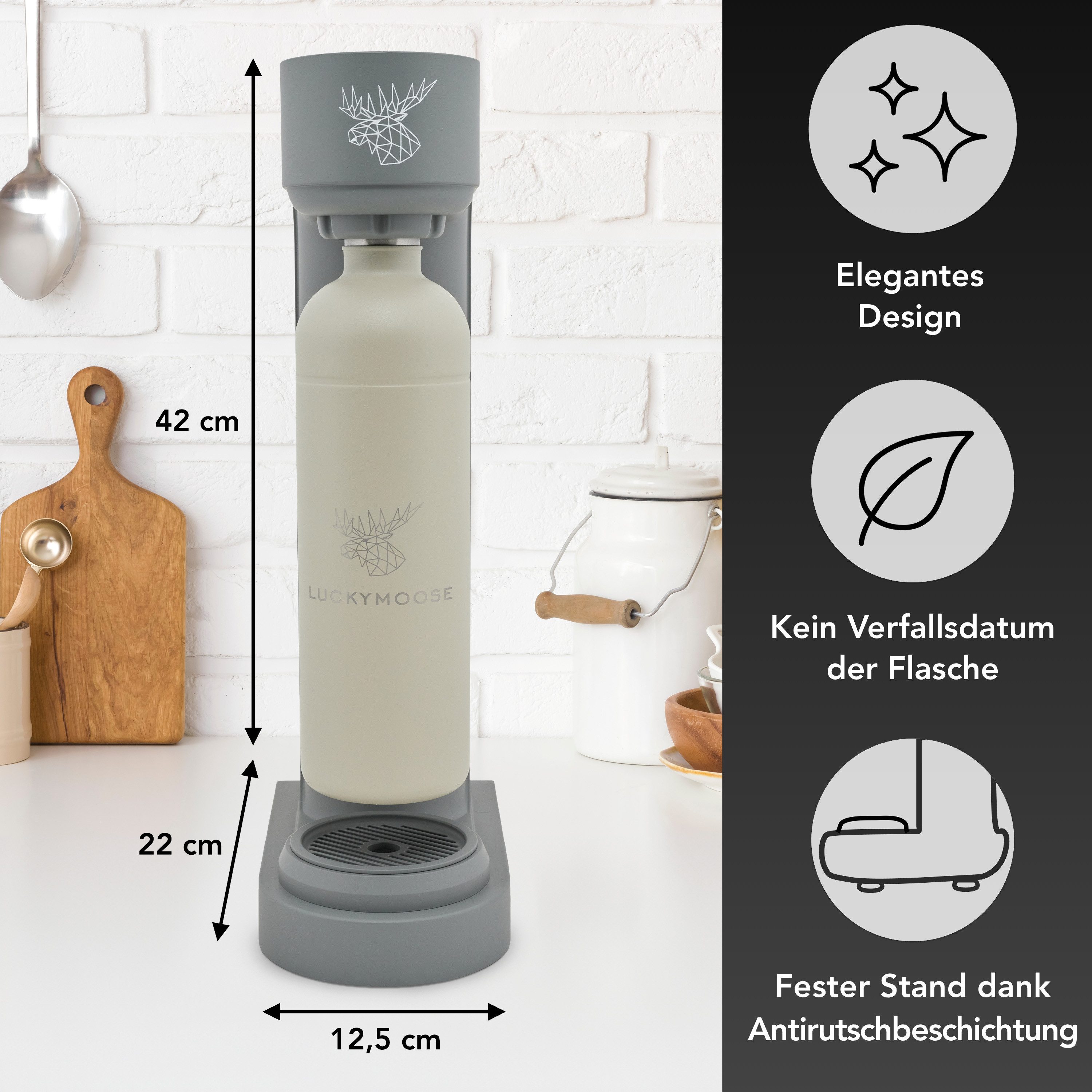 Luckymoose Wassersprudler Infinity mit 2x 1,25L spülmaschinenfesten Edelstahlflaschen, (2x Sand-tlg), Spart bis zu 25% CO2, Flaschen spülmaschinenfest & ohne Ablaufdatum
